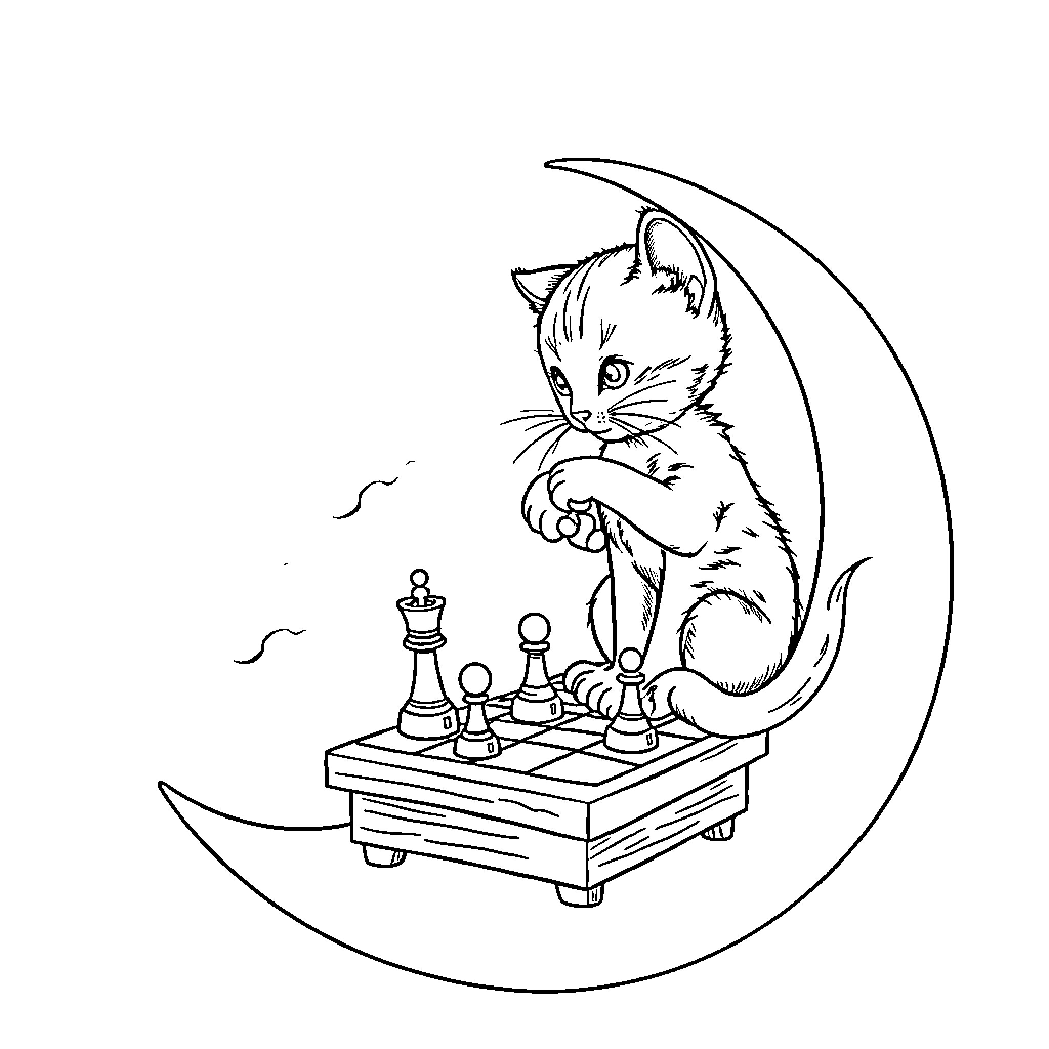 Kitten Playing Chess on the Moon Coloring Page (free black-and-white line drawing printable PDF for all, from beginners to advanced learners, including children, teens, adults, and seniors)