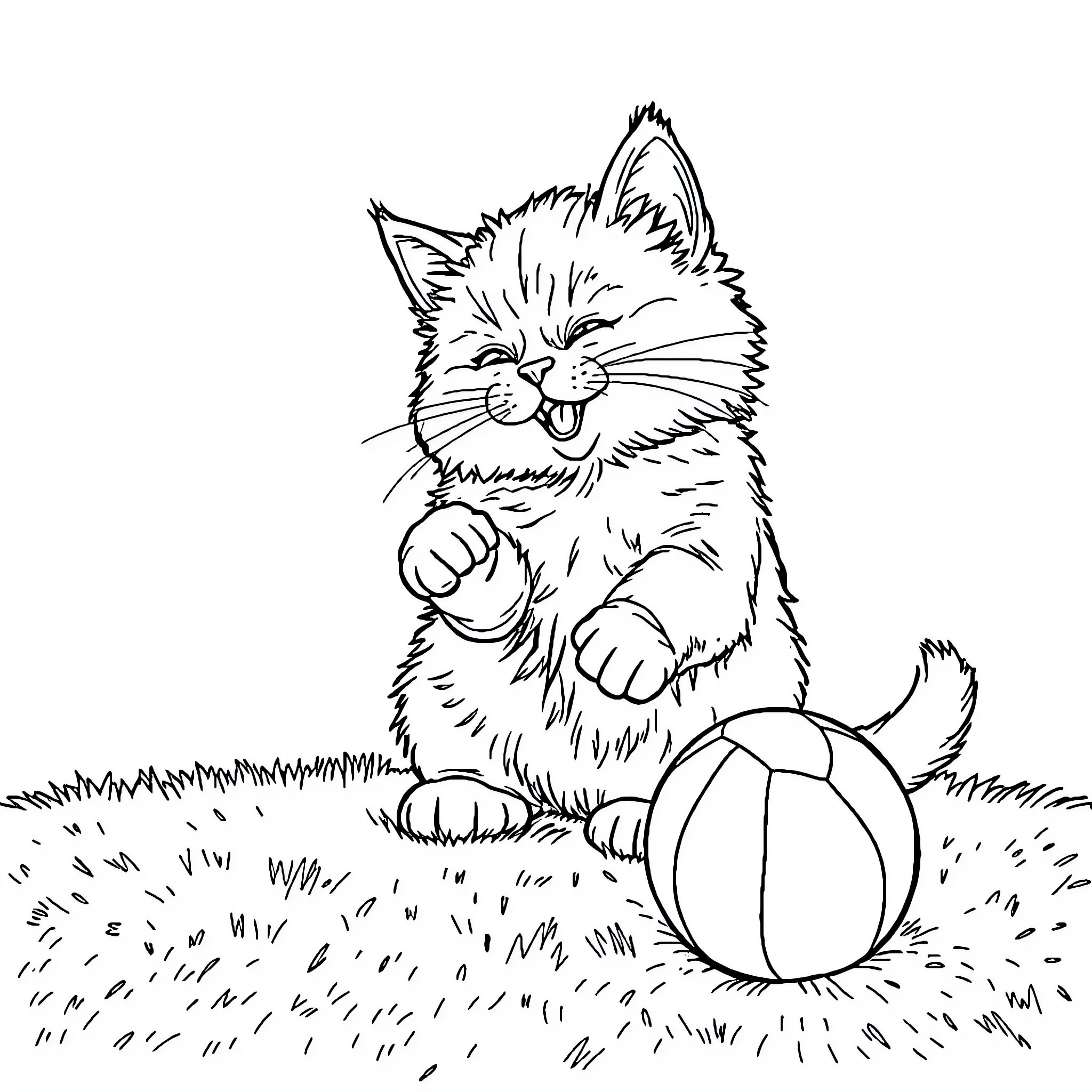 Cat playing joyfully with ball in the yard Coloring Page (free black-and-white line drawing printable PDF for all, from beginners to advanced learners, including children, teens, adults, and seniors)