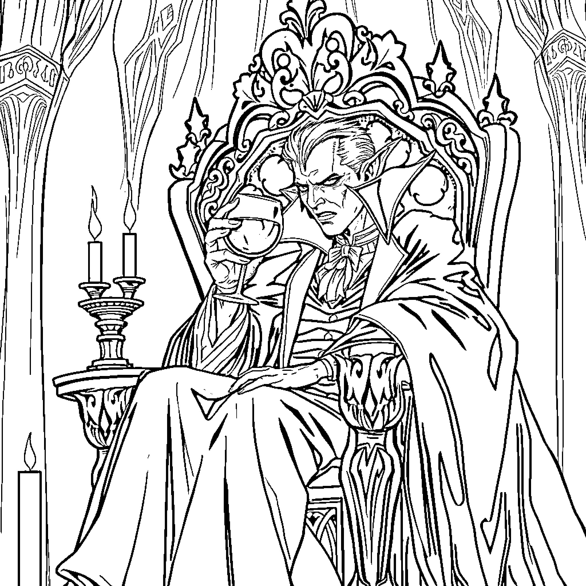 Vampire Couple in Ornate Throne Room Coloring Page (free black-and-white line drawing printable PDF for all, from beginners to advanced learners, including children, teens, adults, and seniors)
