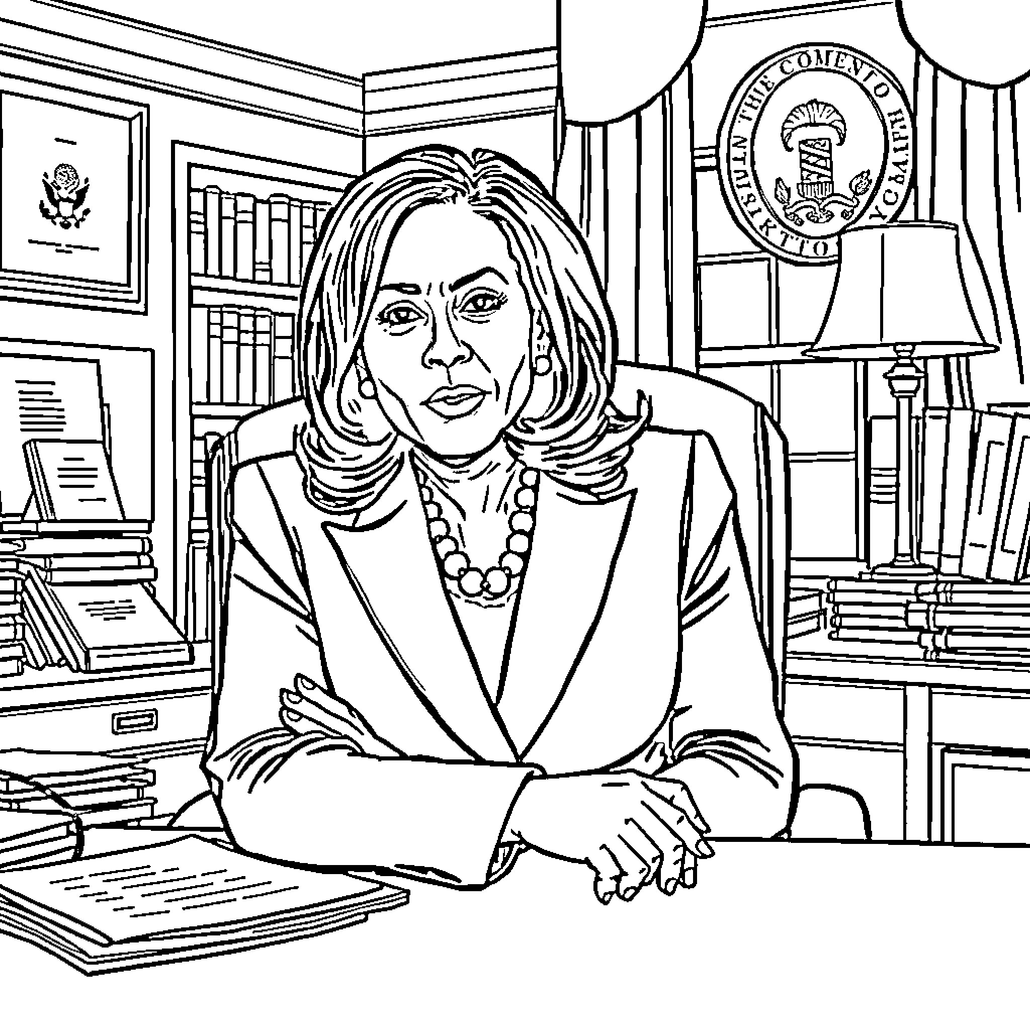 Kamala Harris in her office Coloring Page (free black-and-white line drawing printable PDF for all, from beginners to advanced learners, including children, teens, adults, and seniors)