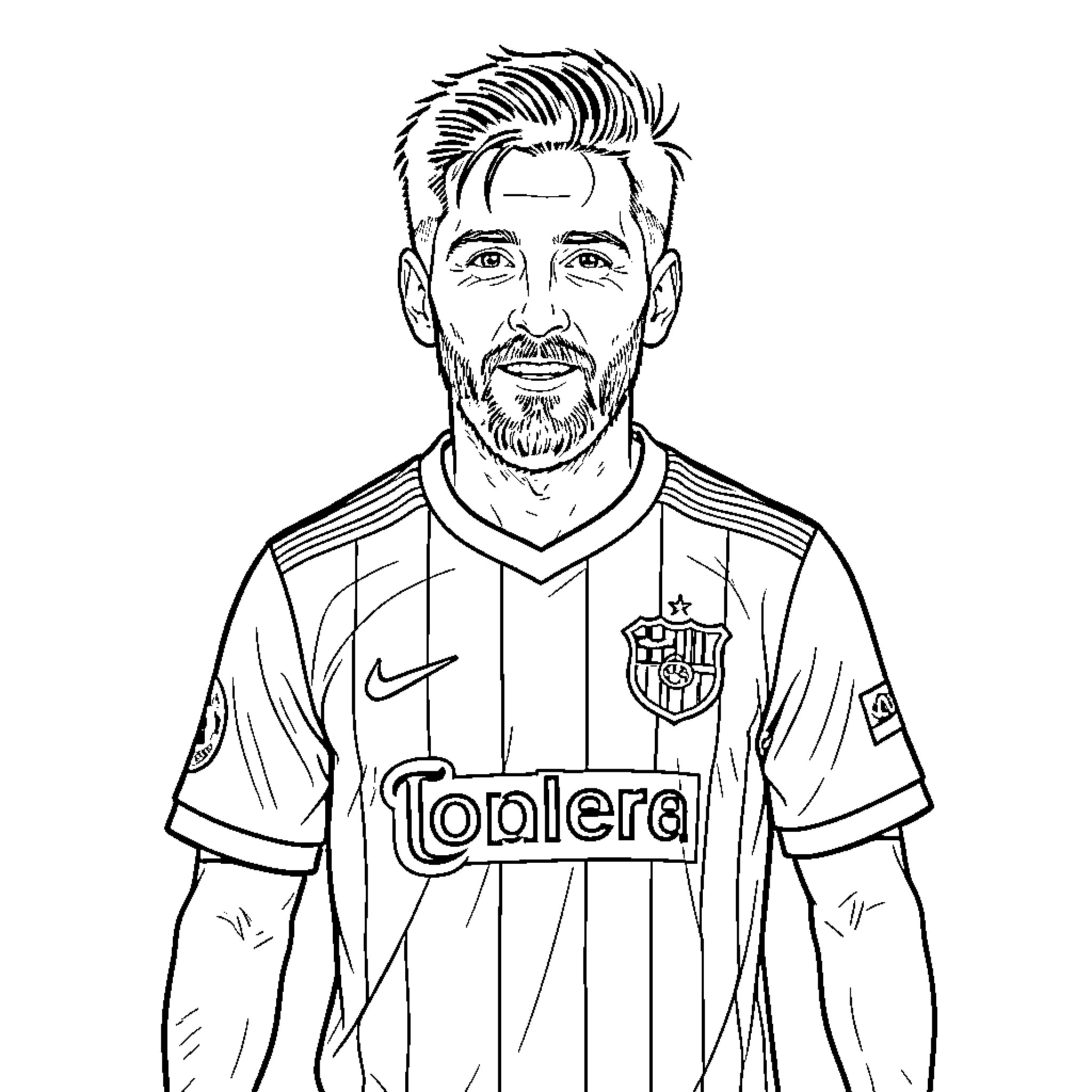 Messi in uniform with Toplera branding Coloring Page (free black-and-white line drawing printable PDF for all, from beginners to advanced learners, including children, teens, adults, and seniors)