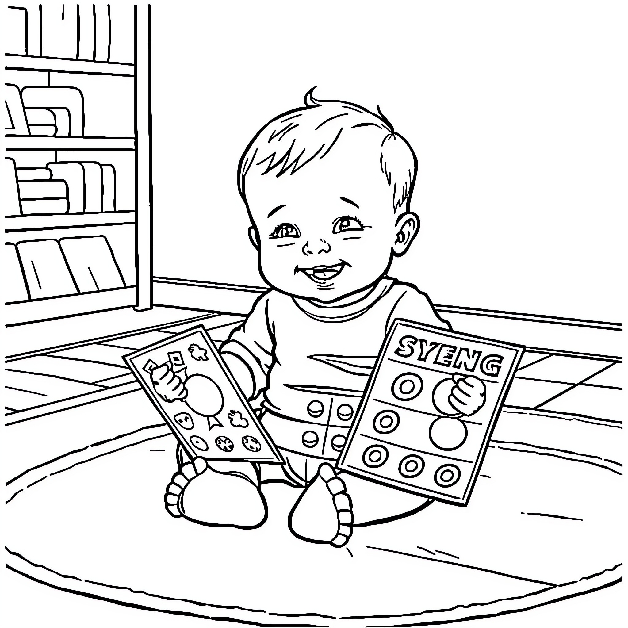 Baby playing with toys in the room Coloring Page (free black-and-white line drawing printable PDF for all, from beginners to advanced learners, including children, teens, adults, and seniors)