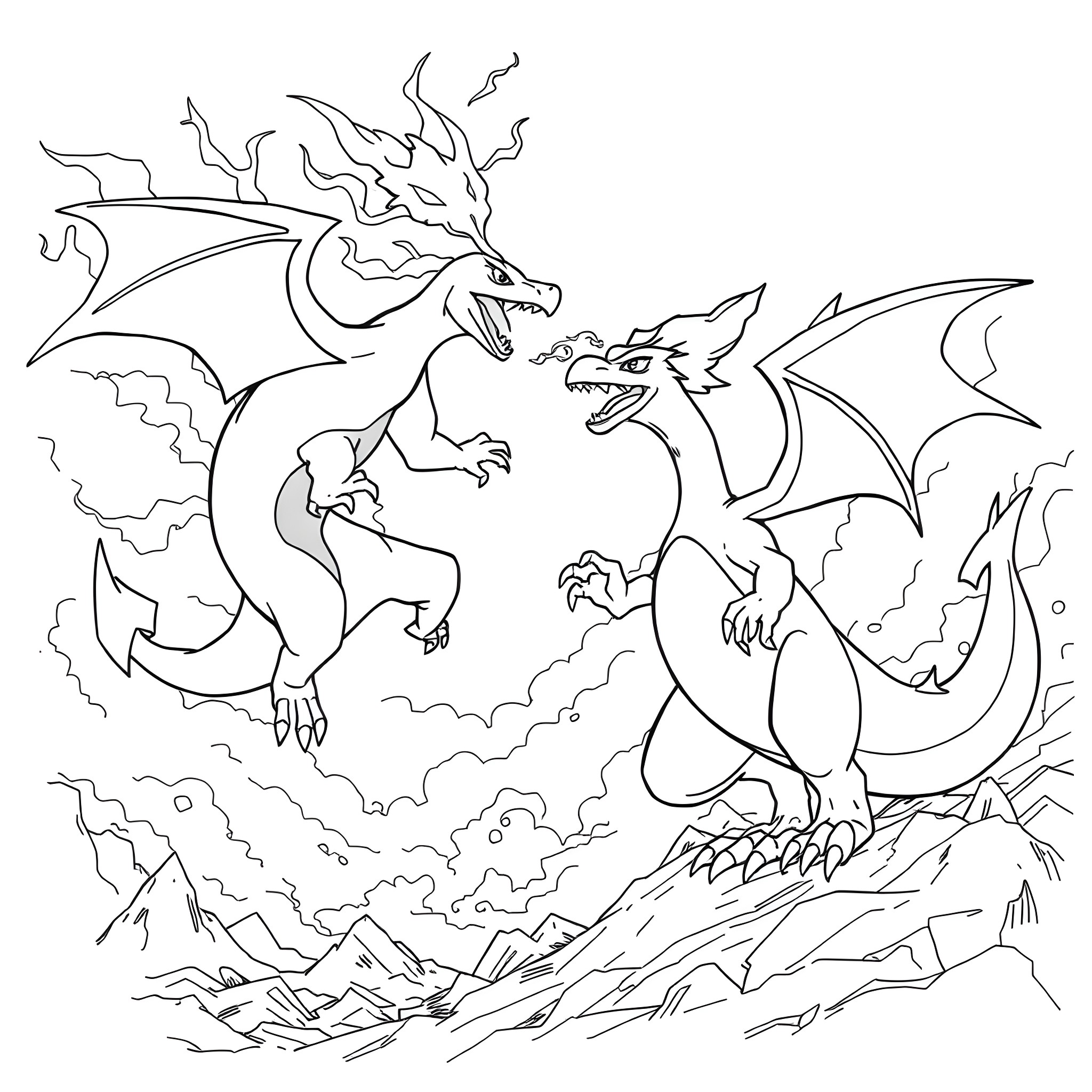 Charizard Dragons Battling in the Clouds Coloring Page (free black-and-white line drawing printable PDF for all, from beginners to advanced learners, including children, teens, adults, and seniors)