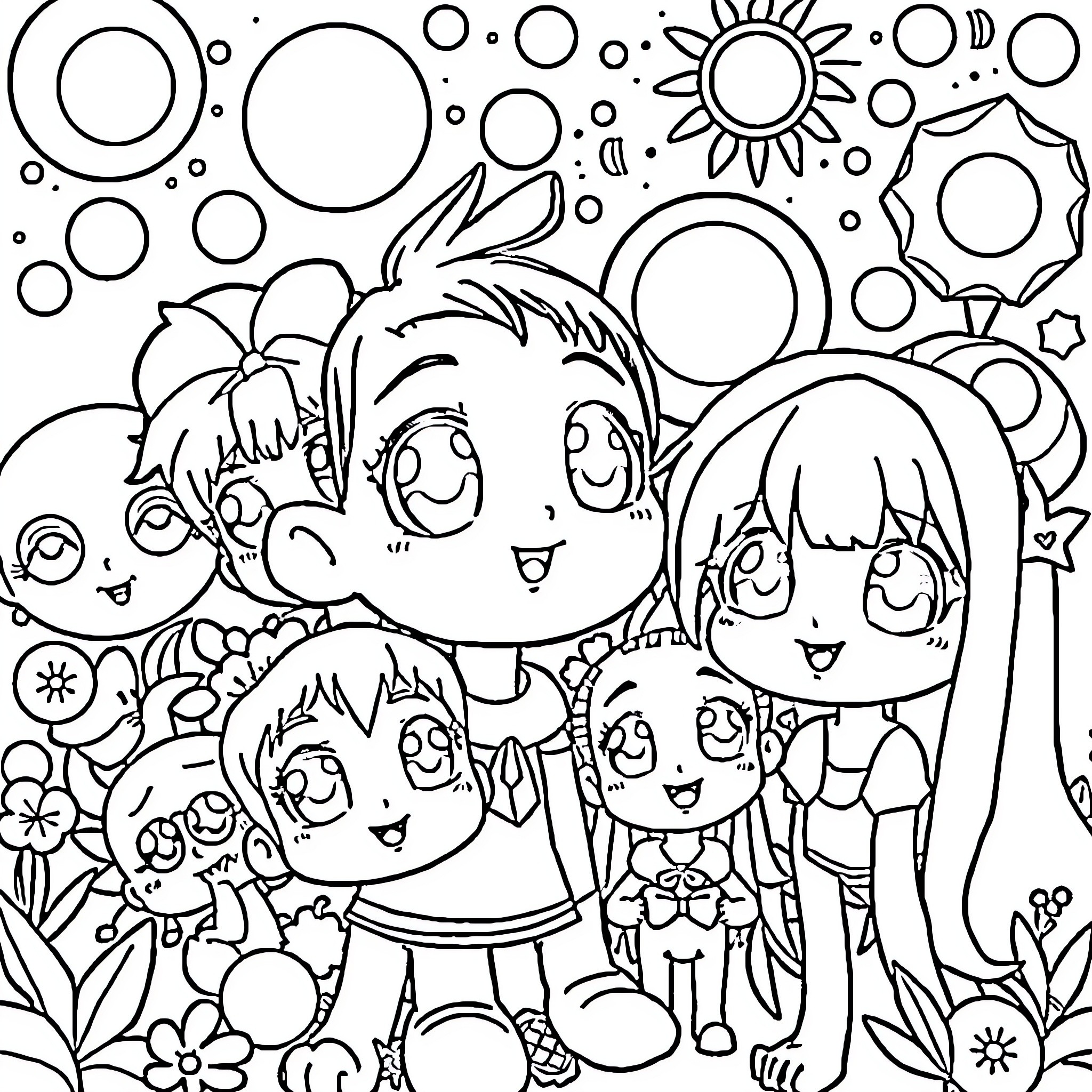 Anime Cute Cartoon Characters in Playful Outdoor Scene Coloring Page (free black-and-white line drawing printable PDF for all, from beginners to advanced learners, including children, teens, adults, and seniors)