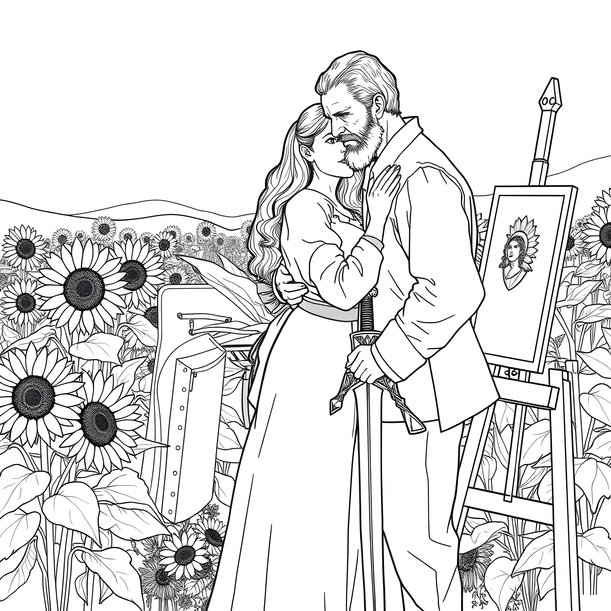 Van Gogh's artistic couple in a sunflower field Coloring Page (free black-and-white line drawing printable PDF for all, from beginners to advanced learners, including children, teens, adults, and seniors)