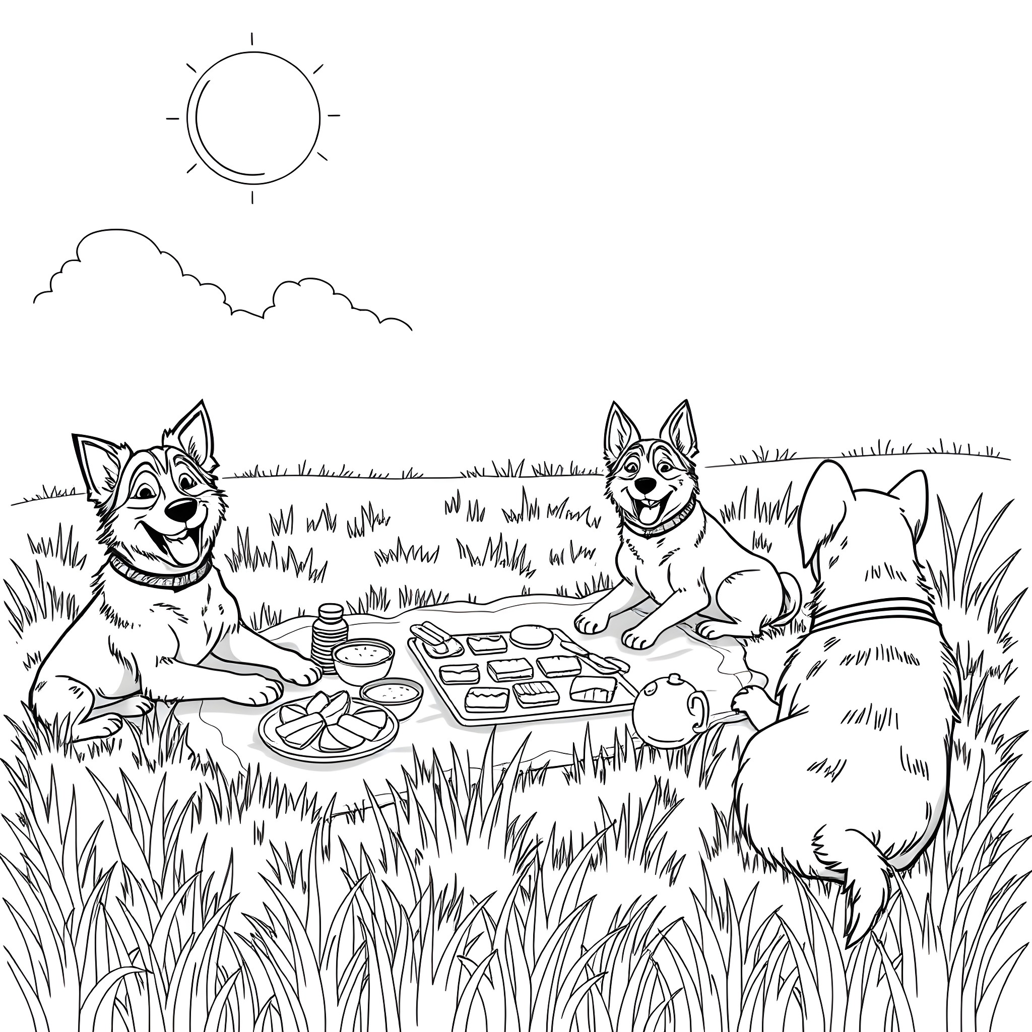 Dogs enjoying a picnic in the park Coloring Page (free black-and-white line drawing printable PDF for all, from beginners to advanced learners, including children, teens, adults, and seniors)