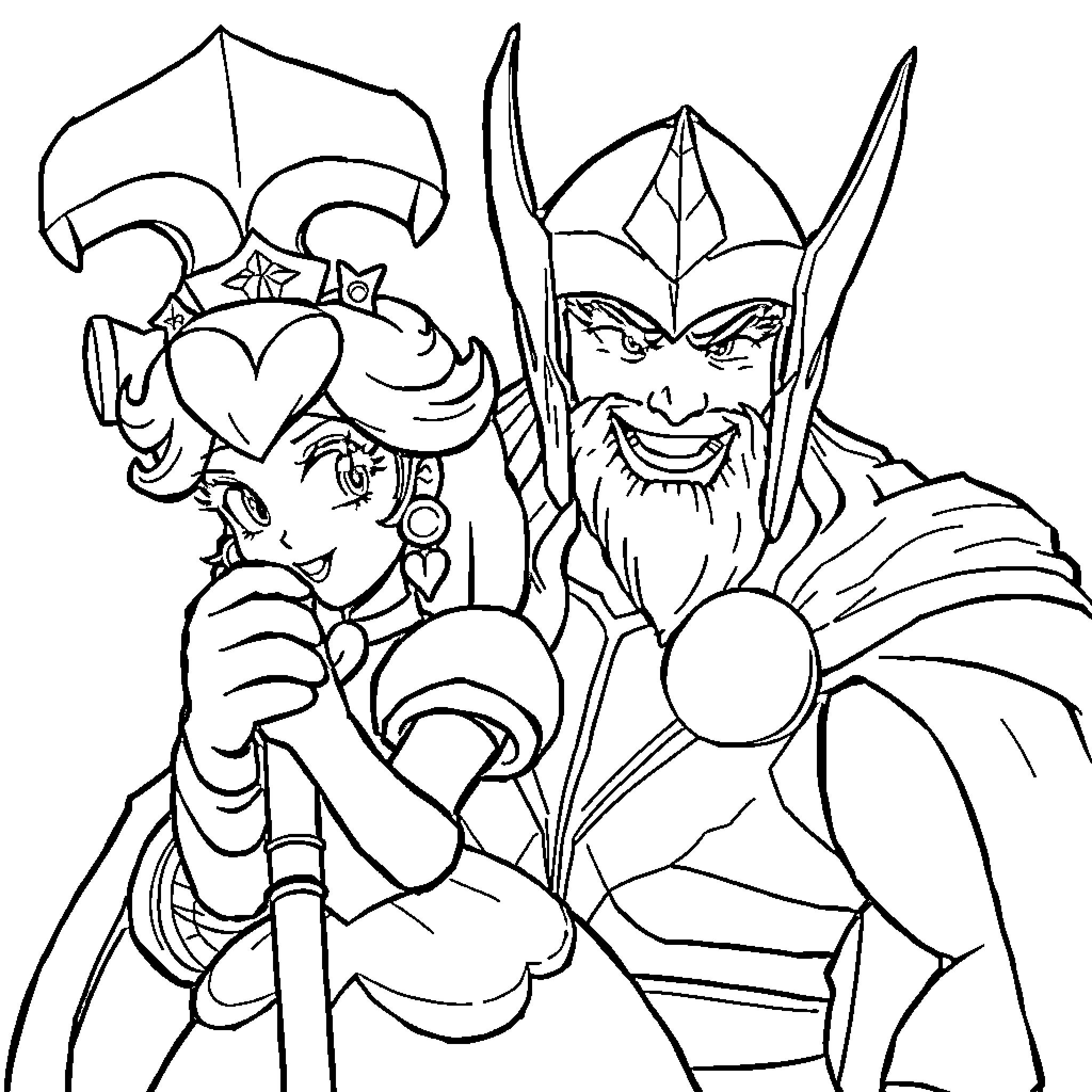 Princess Peach and a Powerful Warrior in Action Coloring Page (free black-and-white line drawing printable PDF for all, from beginners to advanced learners, including children, teens, adults, and seniors)