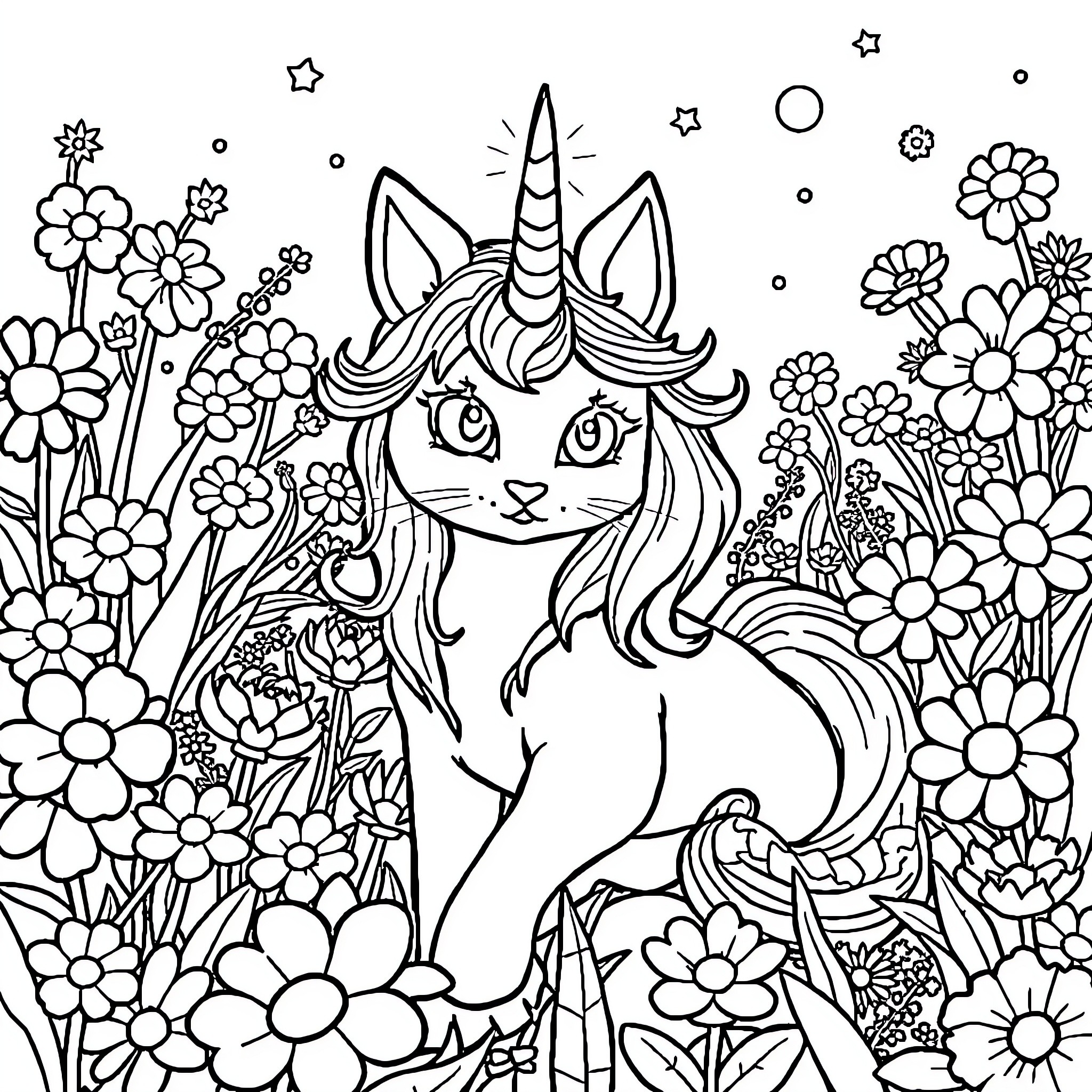 Cat unicorn in floral garden Coloring Page (free black-and-white line drawing printable PDF for all, from beginners to advanced learners, including children, teens, adults, and seniors)
