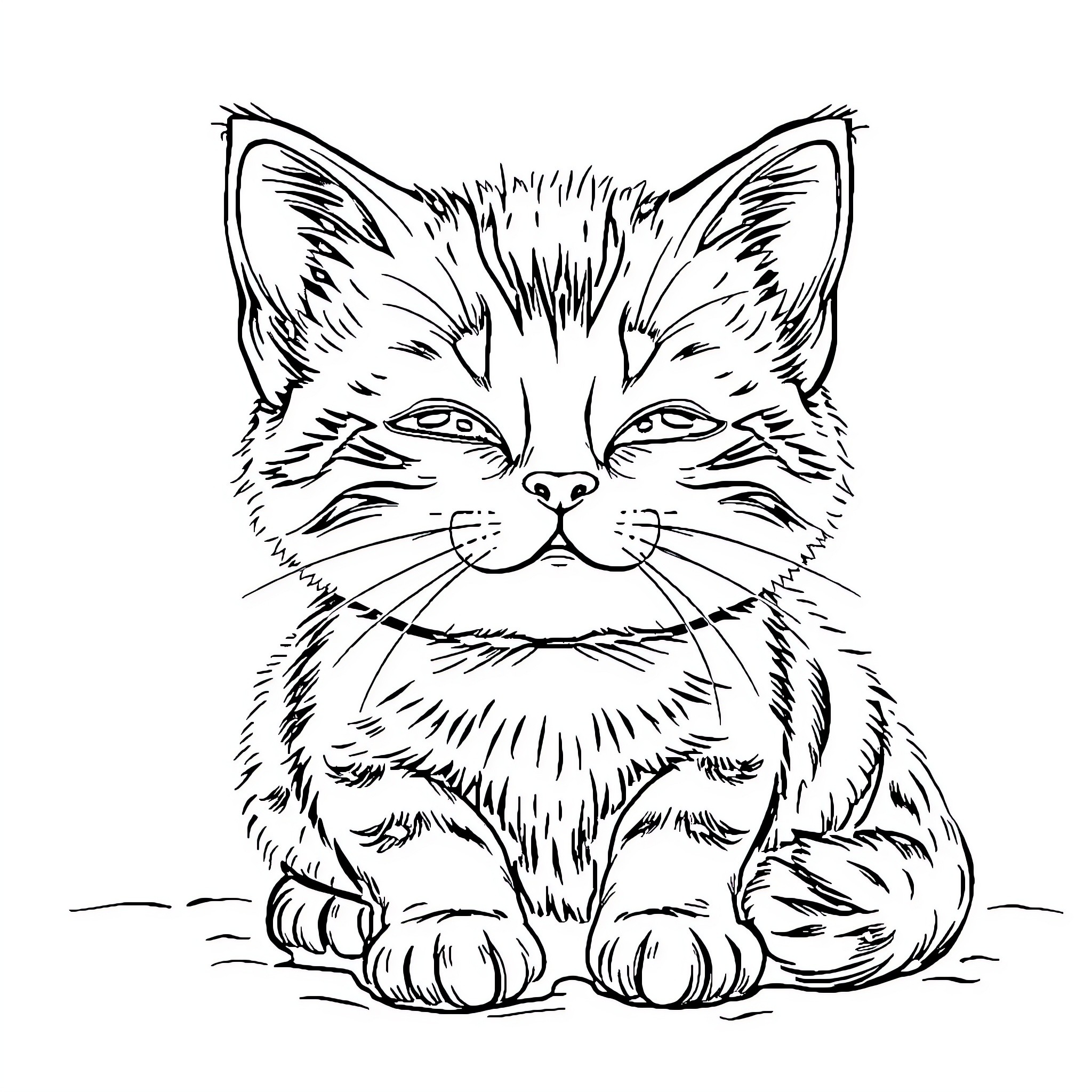 Cat sitting contentedly on the ground Coloring Page (free black-and-white line drawing printable PDF for all, from beginners to advanced learners, including children, teens, adults, and seniors)