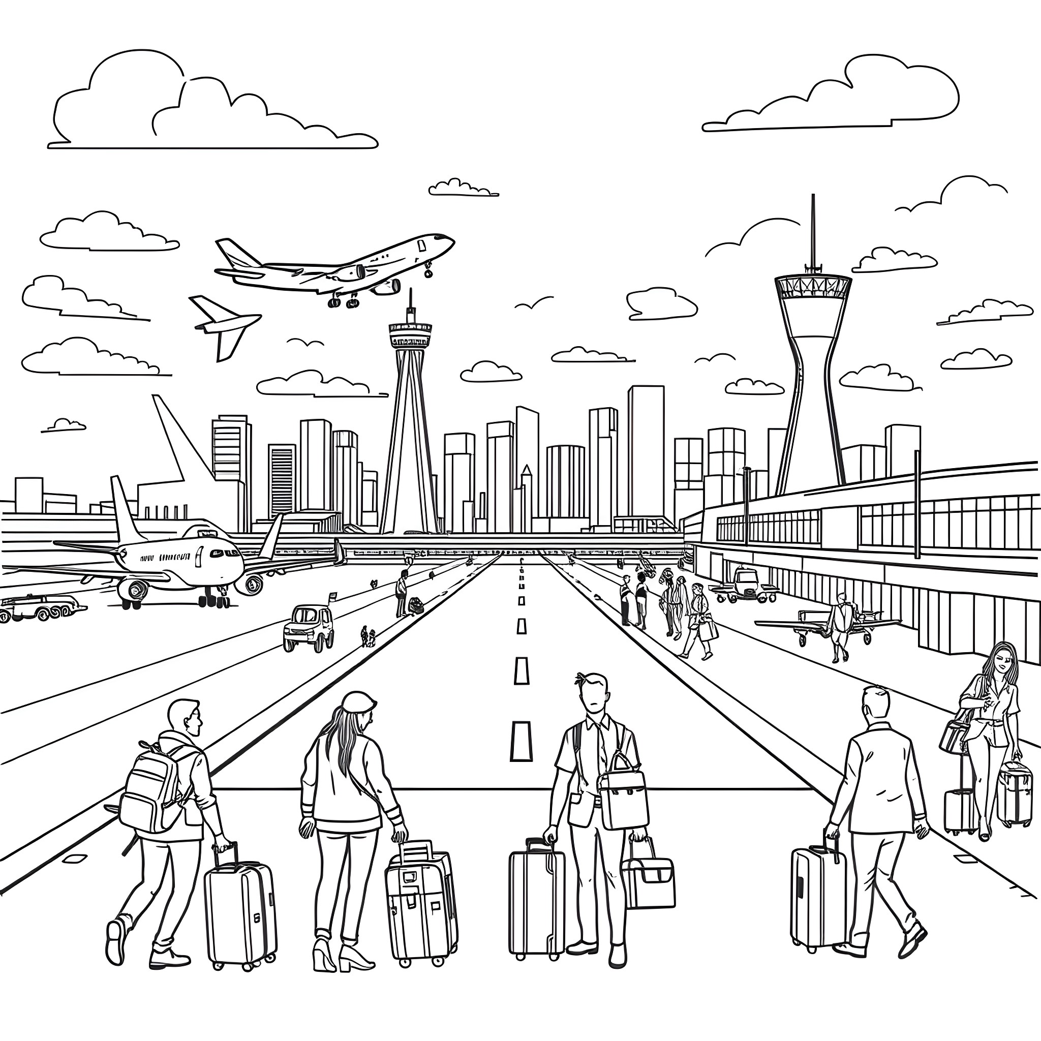 Airport scene with travelers and airplanes Coloring Page (free black-and-white line drawing printable PDF for all, from beginners to advanced learners, including children, teens, adults, and seniors)