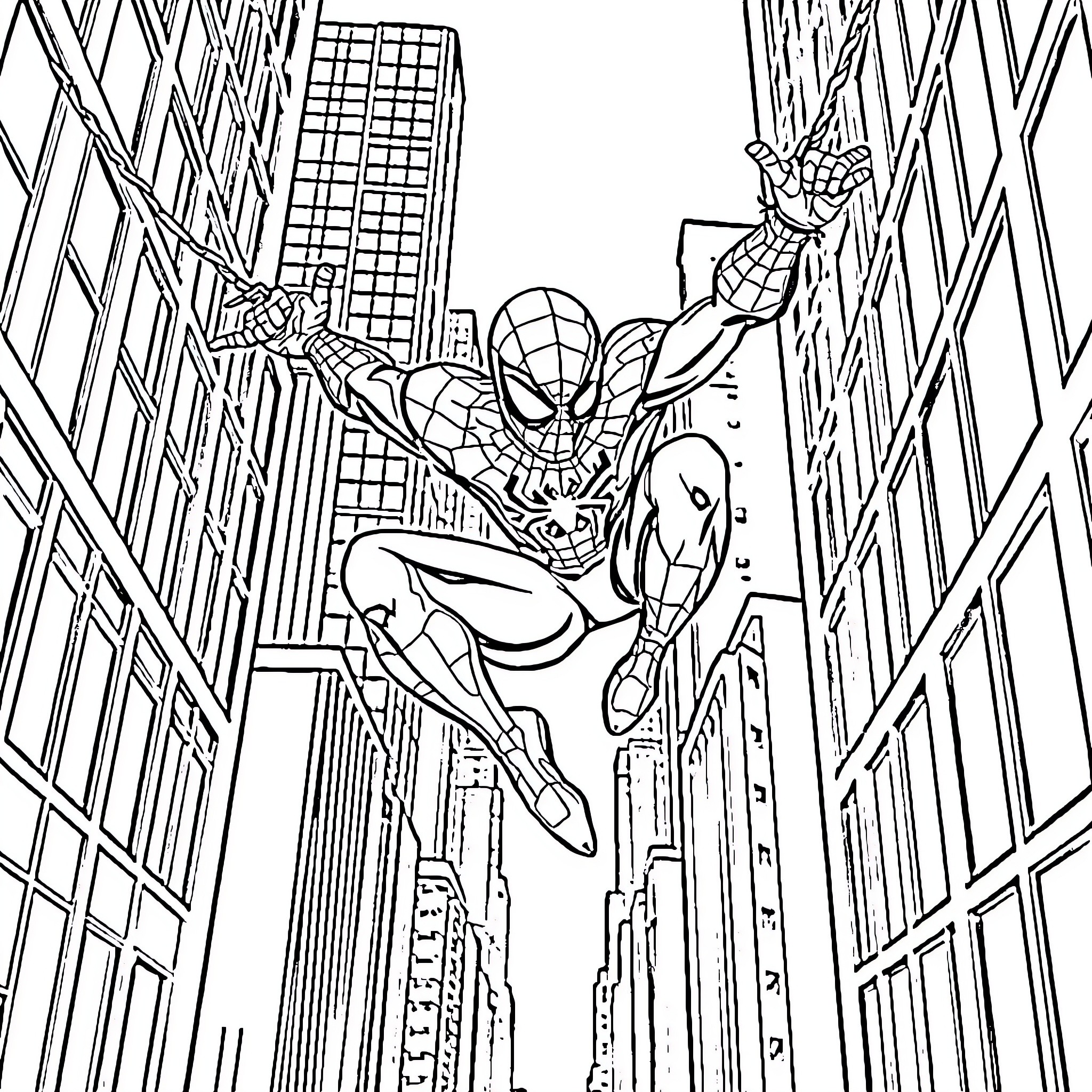Spider-Man swinging through the city skyline Coloring Page (free black-and-white line drawing printable PDF for all, from beginners to advanced learners, including children, teens, adults, and seniors)