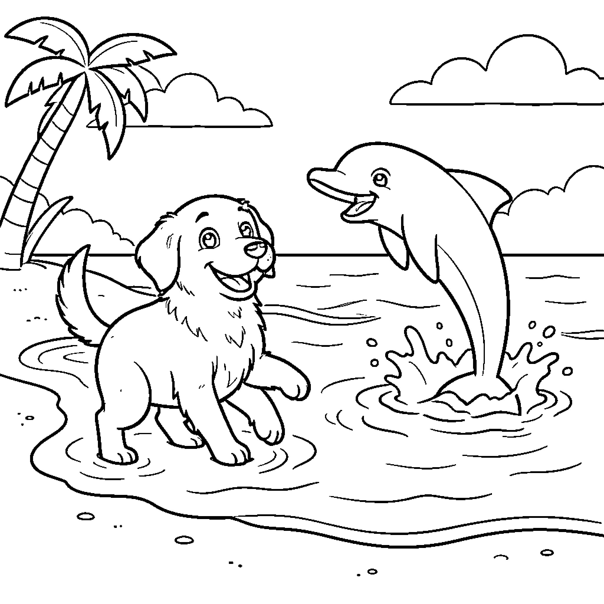 Perro jugando con delfín en la playa Coloring Page (free black-and-white line drawing printable PDF for all, from beginners to advanced learners, including children, teens, adults, and seniors)