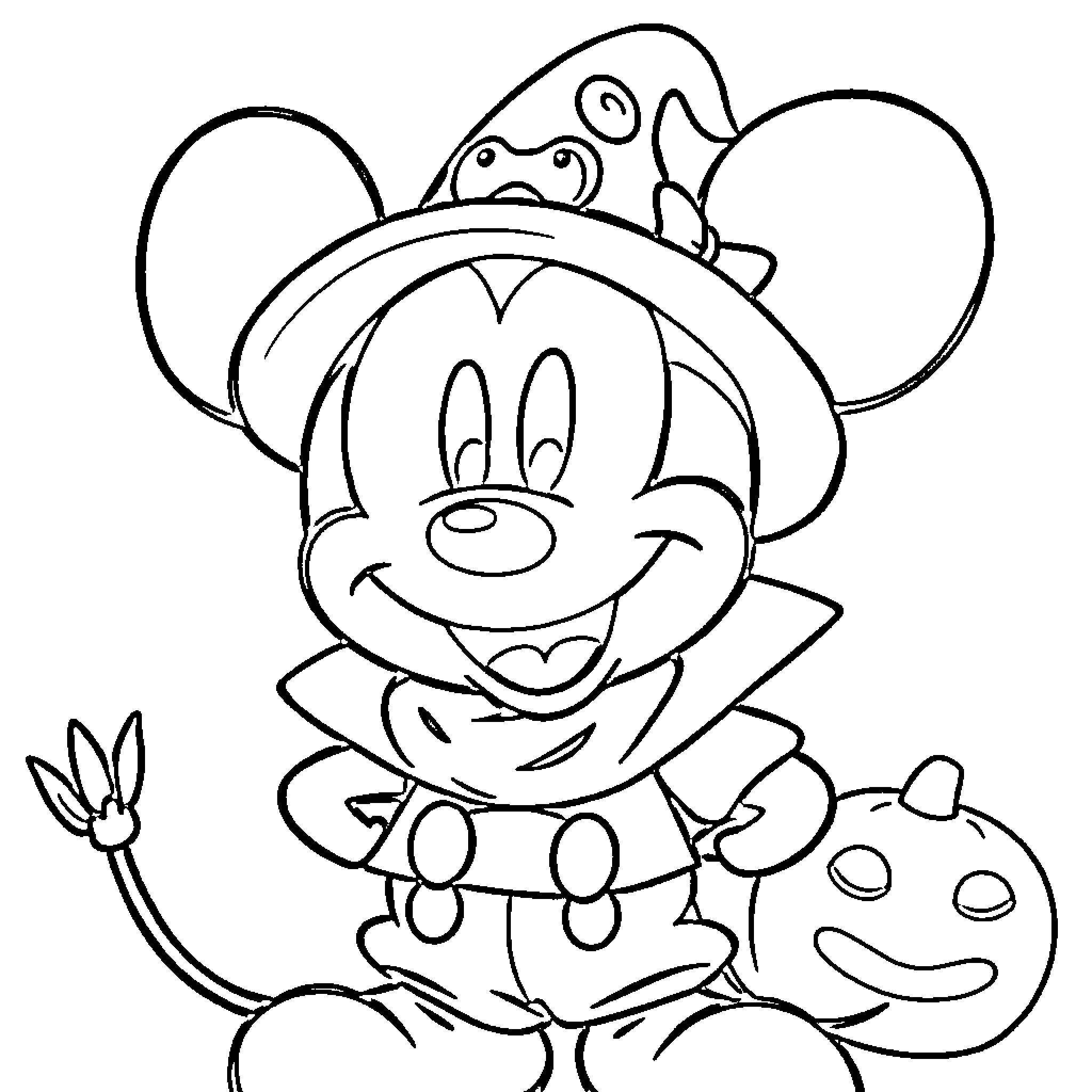 Mickey Mouse dressed as cowboy with pumpkin Coloring Page (free black-and-white line drawing printable PDF for all, from beginners to advanced learners, including children, teens, adults, and seniors)