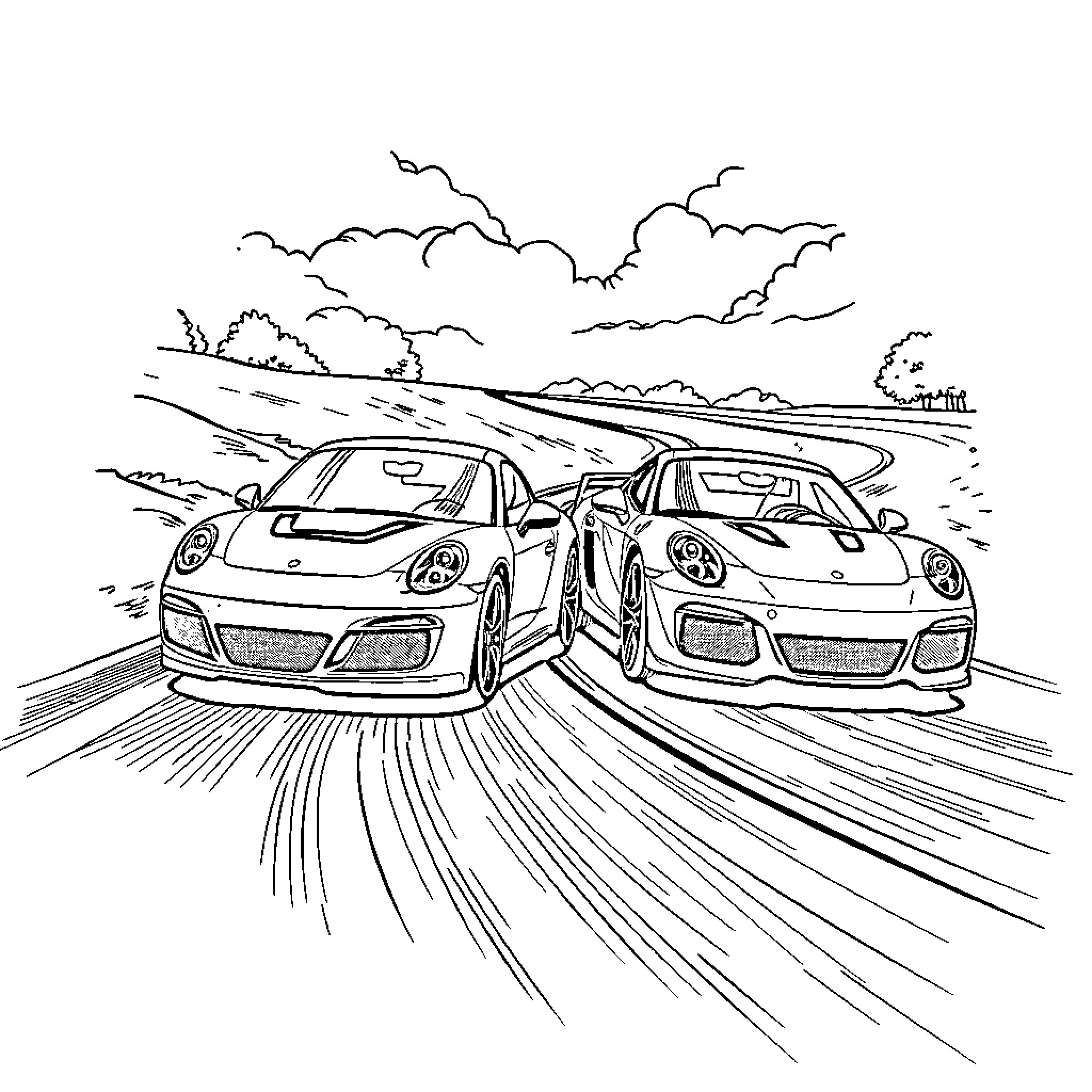 Cars racing on a countryside road Coloring Page (free black-and-white line drawing printable PDF for all, from beginners to advanced learners, including children, teens, adults, and seniors)