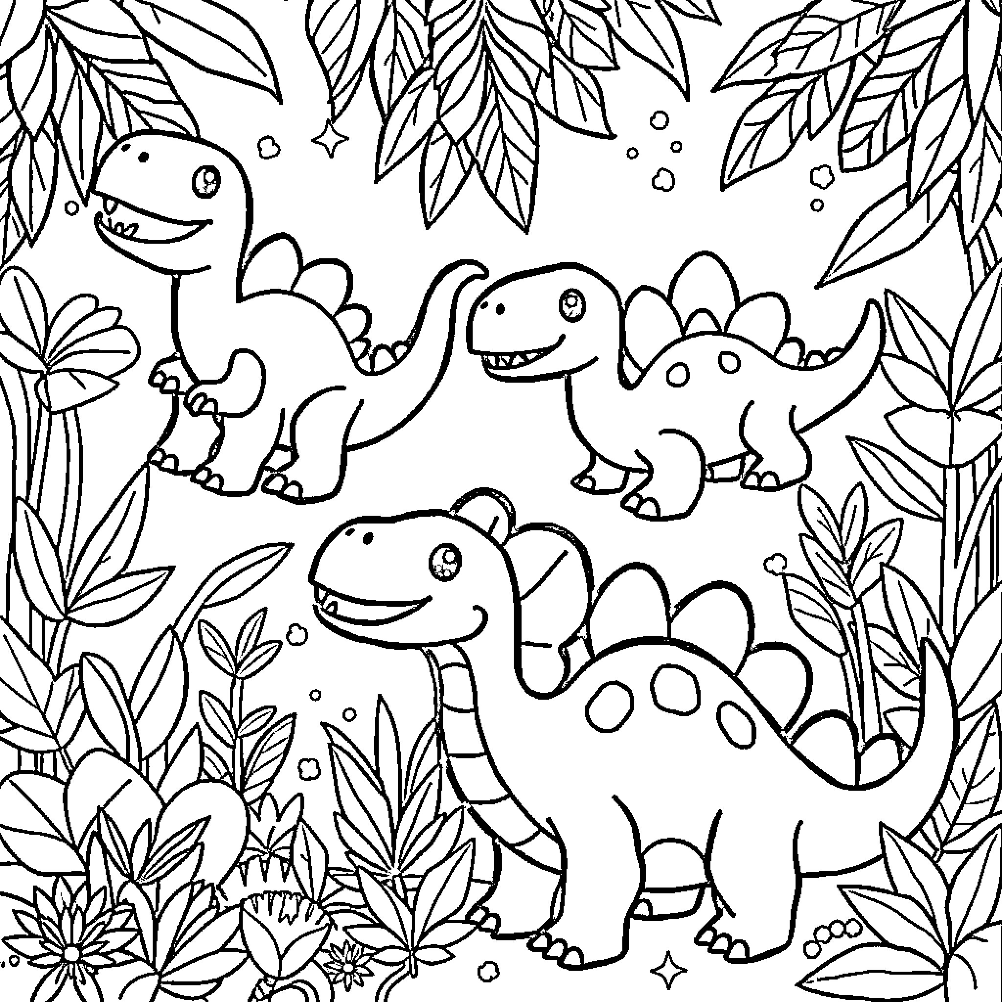 Dinosaur friends playing in the nature Coloring Page (free black-and-white line drawing printable PDF for all, from beginners to advanced learners, including children, teens, adults, and seniors)