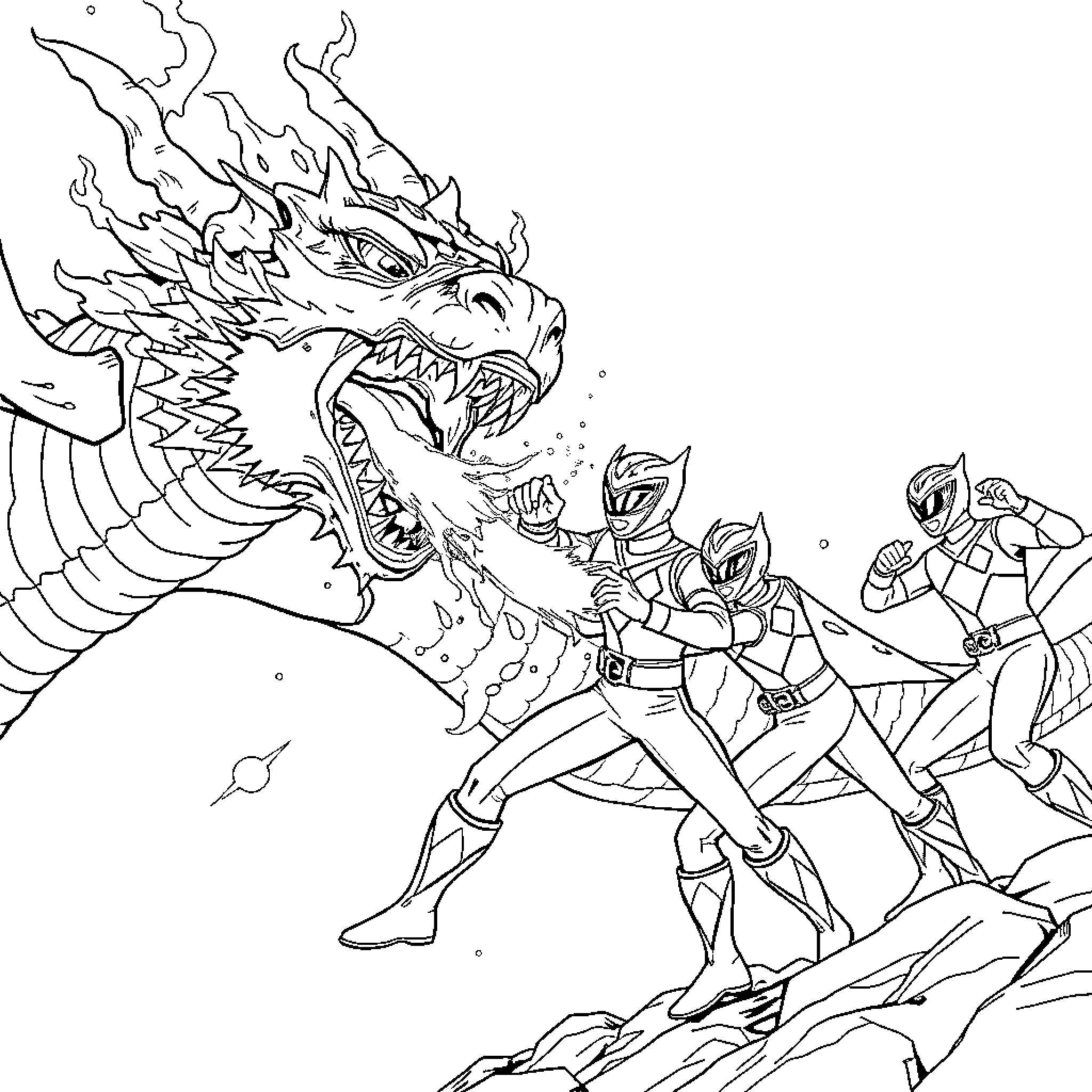Power Rangers battling a fearsome dragon Coloring Page (free black-and-white line drawing printable PDF for all, from beginners to advanced learners, including children, teens, adults, and seniors)