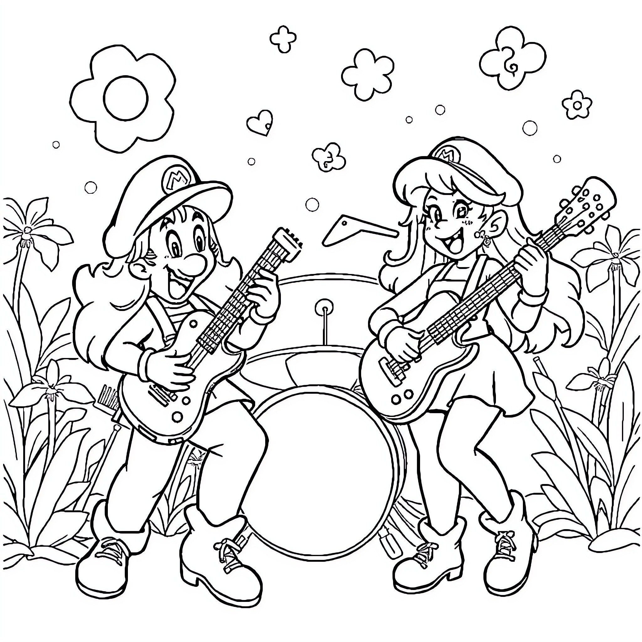 Super Mario Band Jamming in a Flower Garden Coloring Page (free black-and-white line drawing printable PDF for all, from beginners to advanced learners, including children, teens, adults, and seniors)