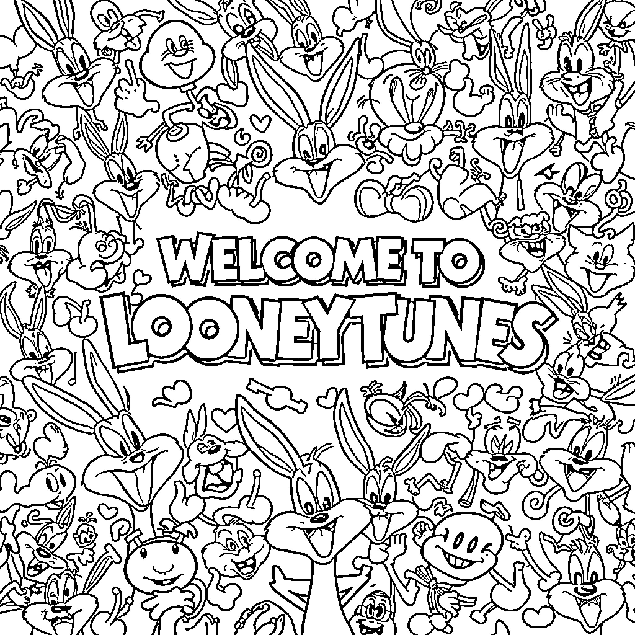 Looney Tunes Characters in Comedic Poses Coloring Page (free black-and-white line drawing printable PDF for all, from beginners to advanced learners, including children, teens, adults, and seniors)