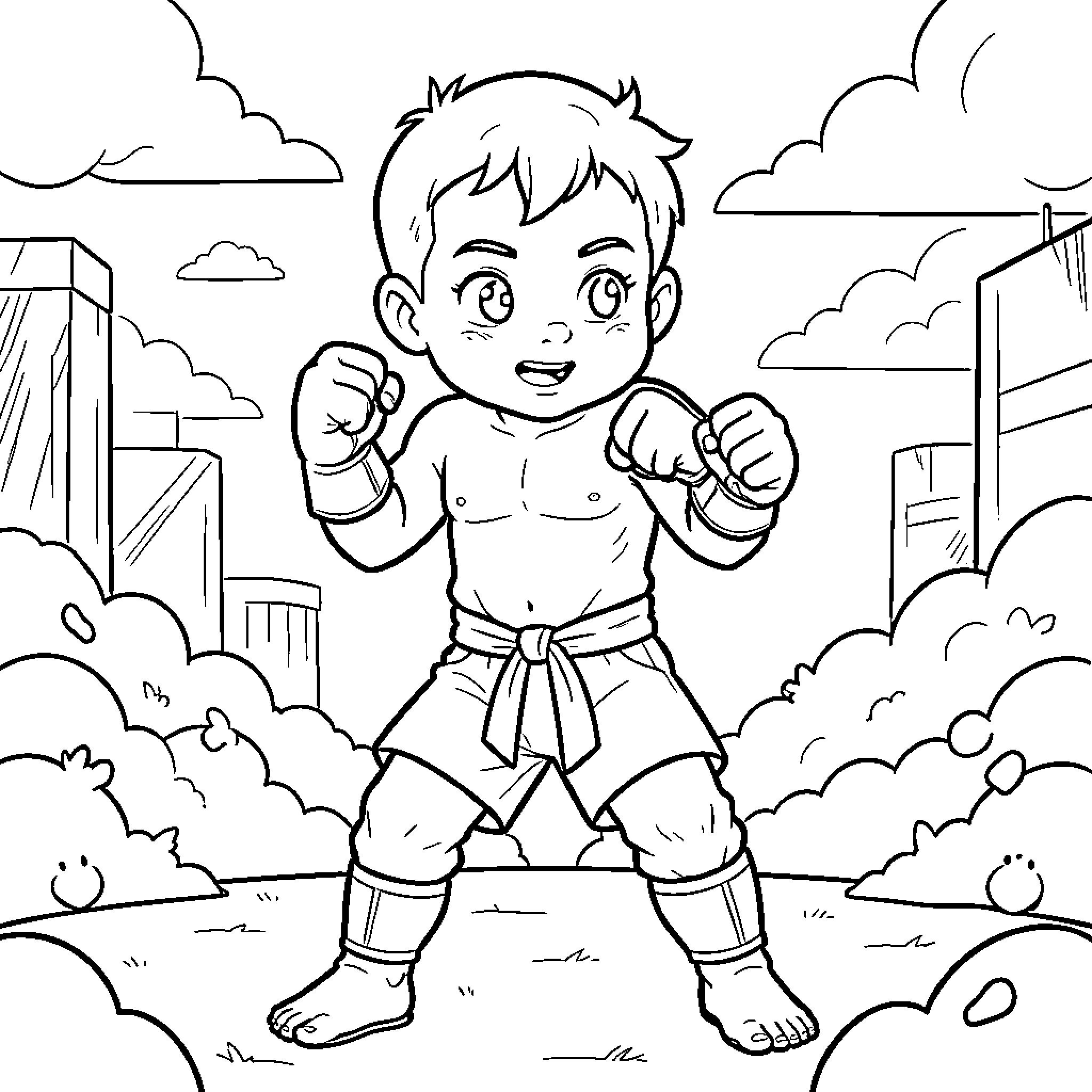 Baby Fighter posing with clenched fists in a city Coloring Page (free black-and-white line drawing printable PDF for all, from beginners to advanced learners, including children, teens, adults, and seniors)