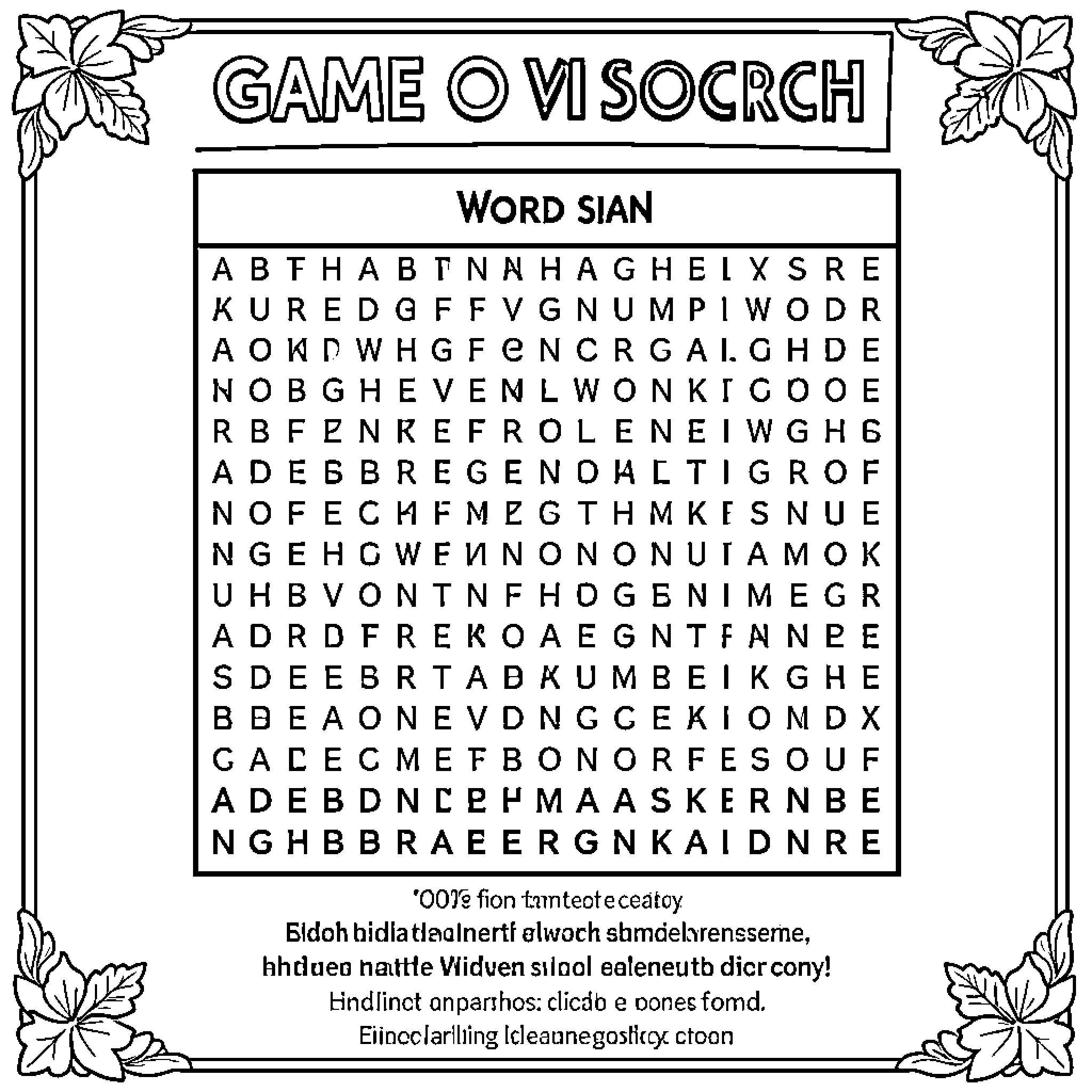 Word Search game with letters in a decorative frame Coloring Page (free black-and-white line drawing printable PDF for all, from beginners to advanced learners, including children, teens, adults, and seniors)