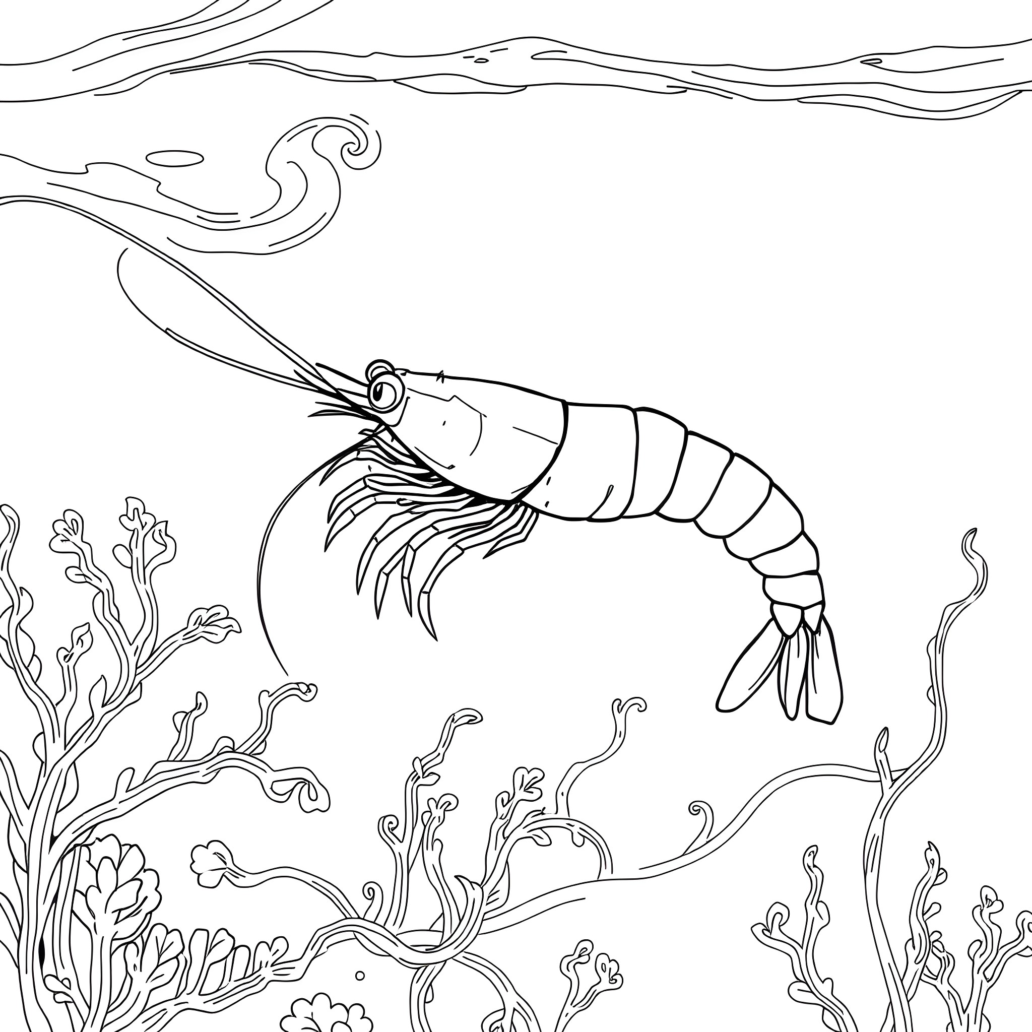Shrimp swimming amidst sea plants and coral Coloring Page (free black-and-white line drawing printable PDF for all, from beginners to advanced learners, including children, teens, adults, and seniors)