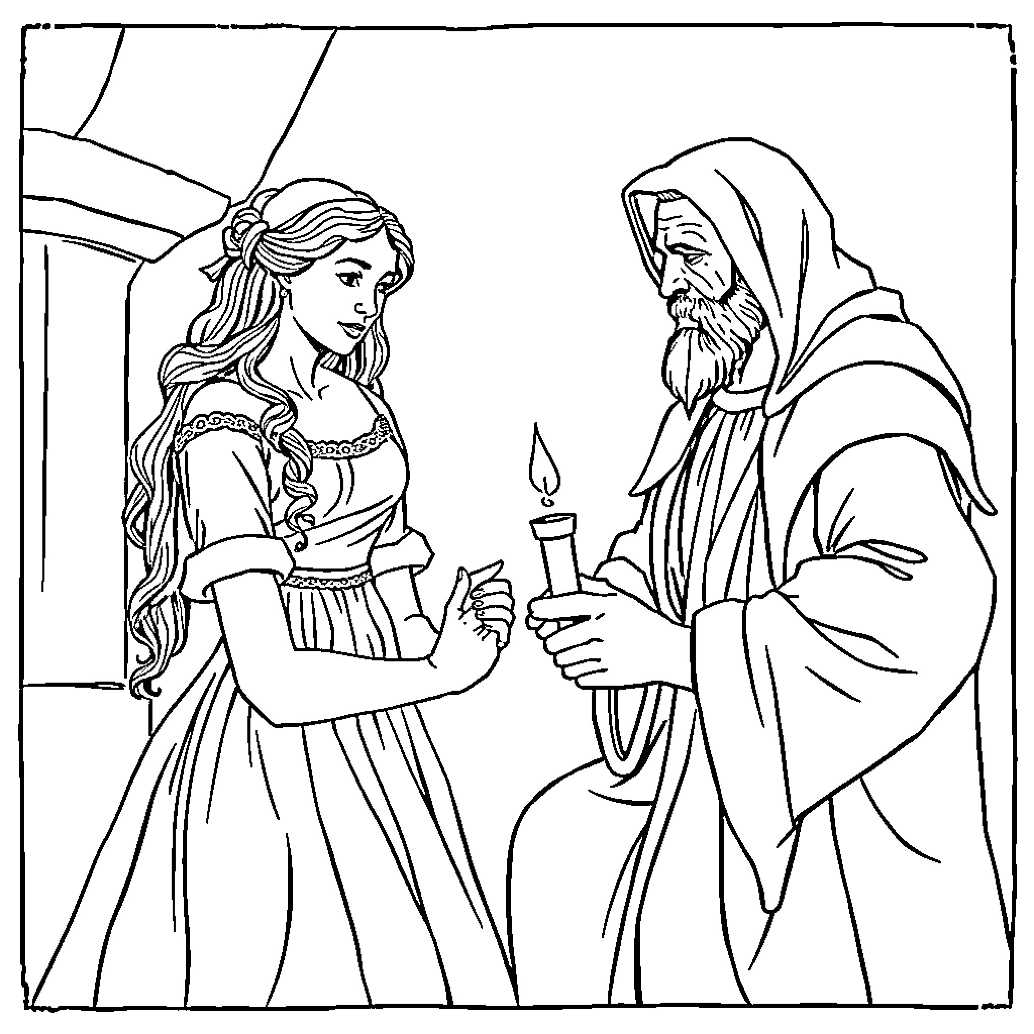 Julieta meeting with a solemn elderly man Coloring Page (free black-and-white line drawing printable PDF for all, from beginners to advanced learners, including children, teens, adults, and seniors)