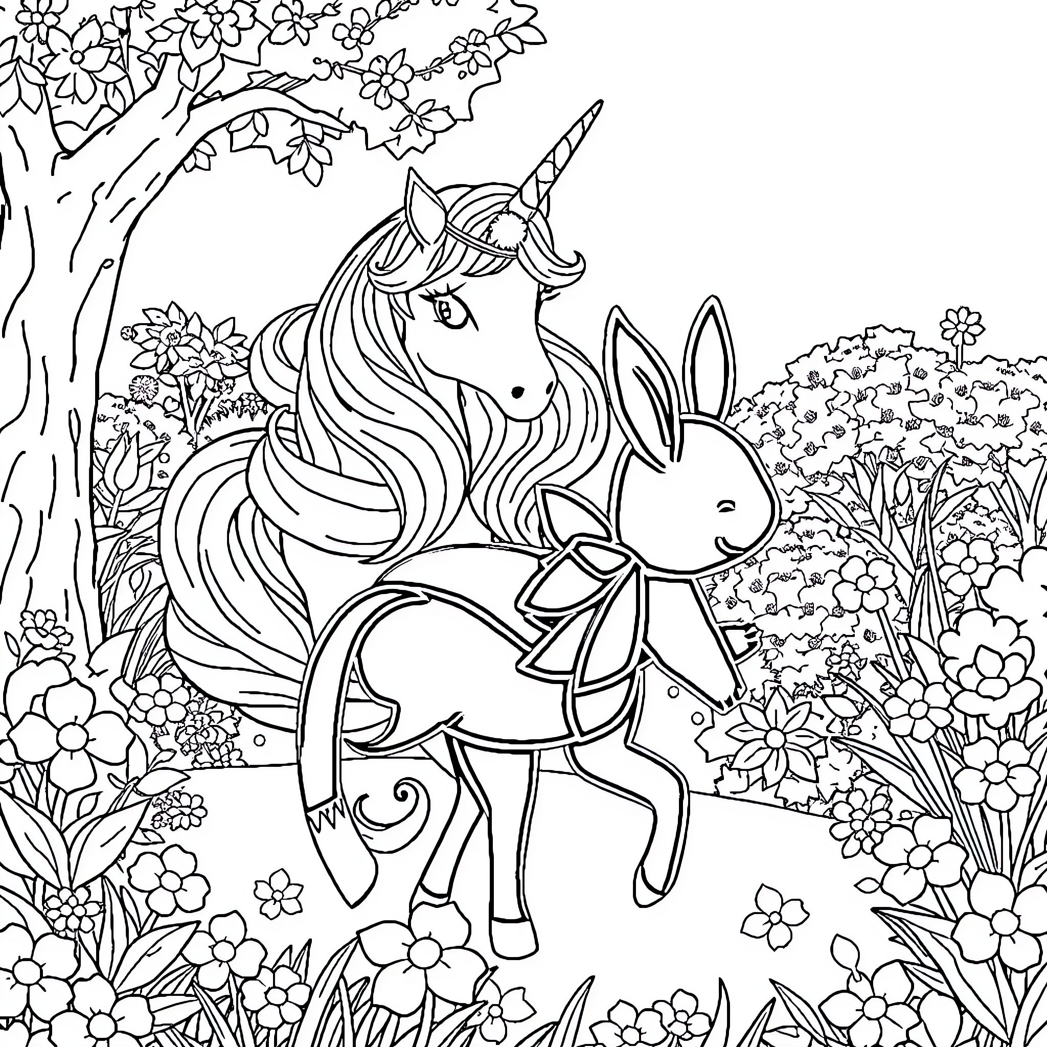 Unicorn and rabbit in enchanted forest Coloring Page (free black-and-white line drawing printable PDF for all, from beginners to advanced learners, including children, teens, adults, and seniors)