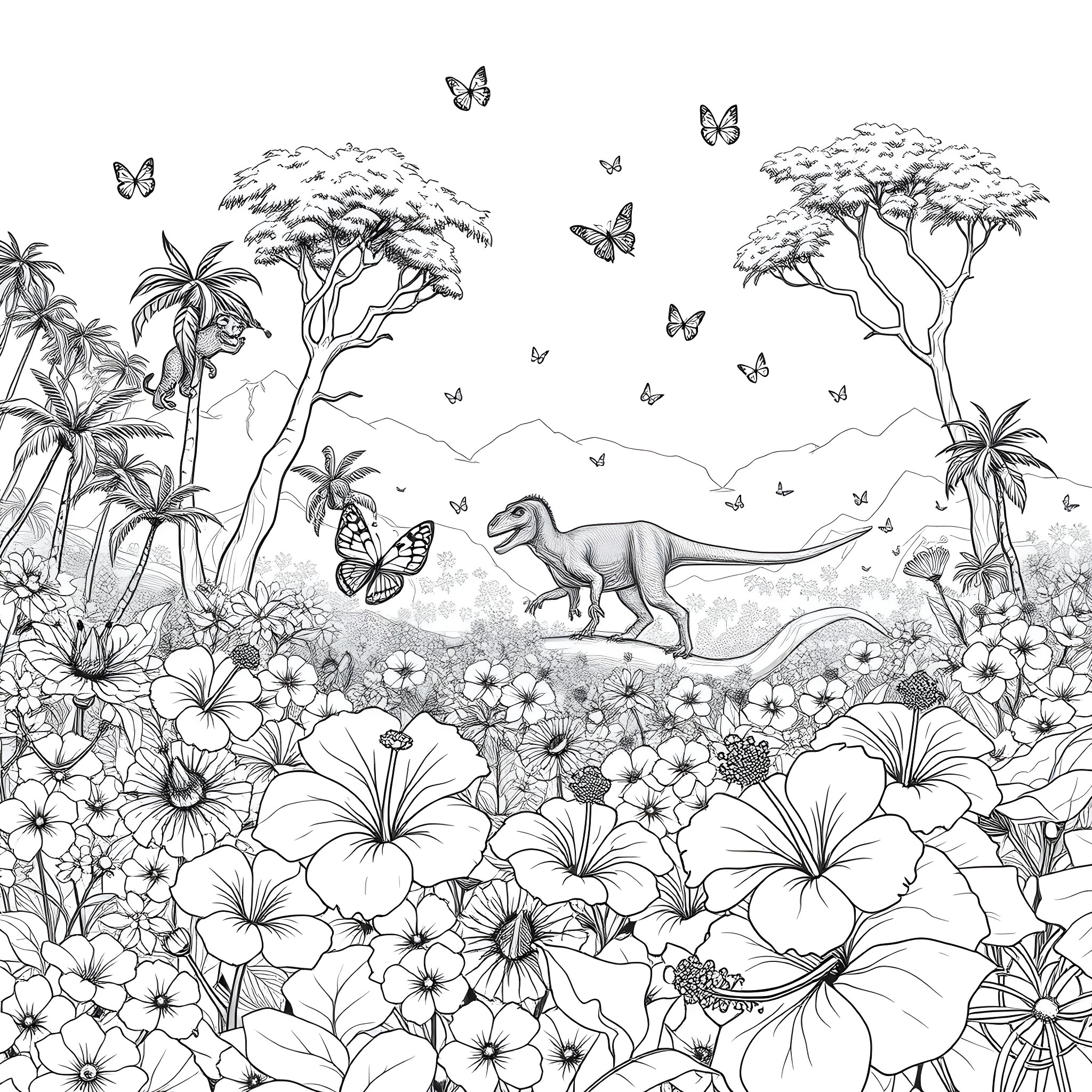 Butterfly Adventure in a Lush Tropical Landscape Coloring Page (free black-and-white line drawing printable PDF for all, from beginners to advanced learners, including children, teens, adults, and seniors)
