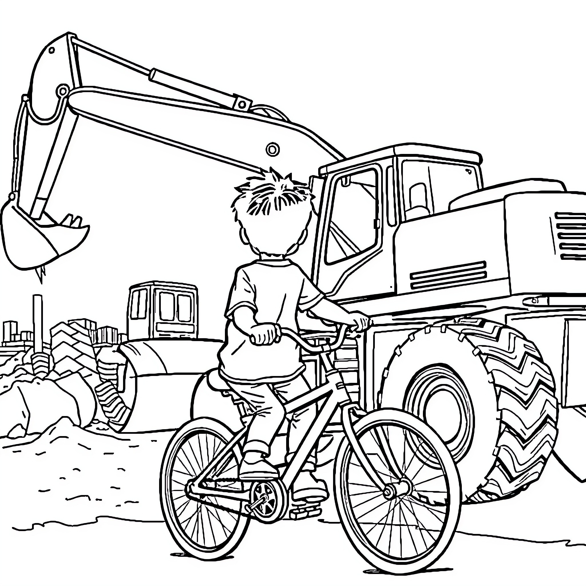 Boy riding bicycle near construction equipment Coloring Page (free black-and-white line drawing printable PDF for all, from beginners to advanced learners, including children, teens, adults, and seniors)