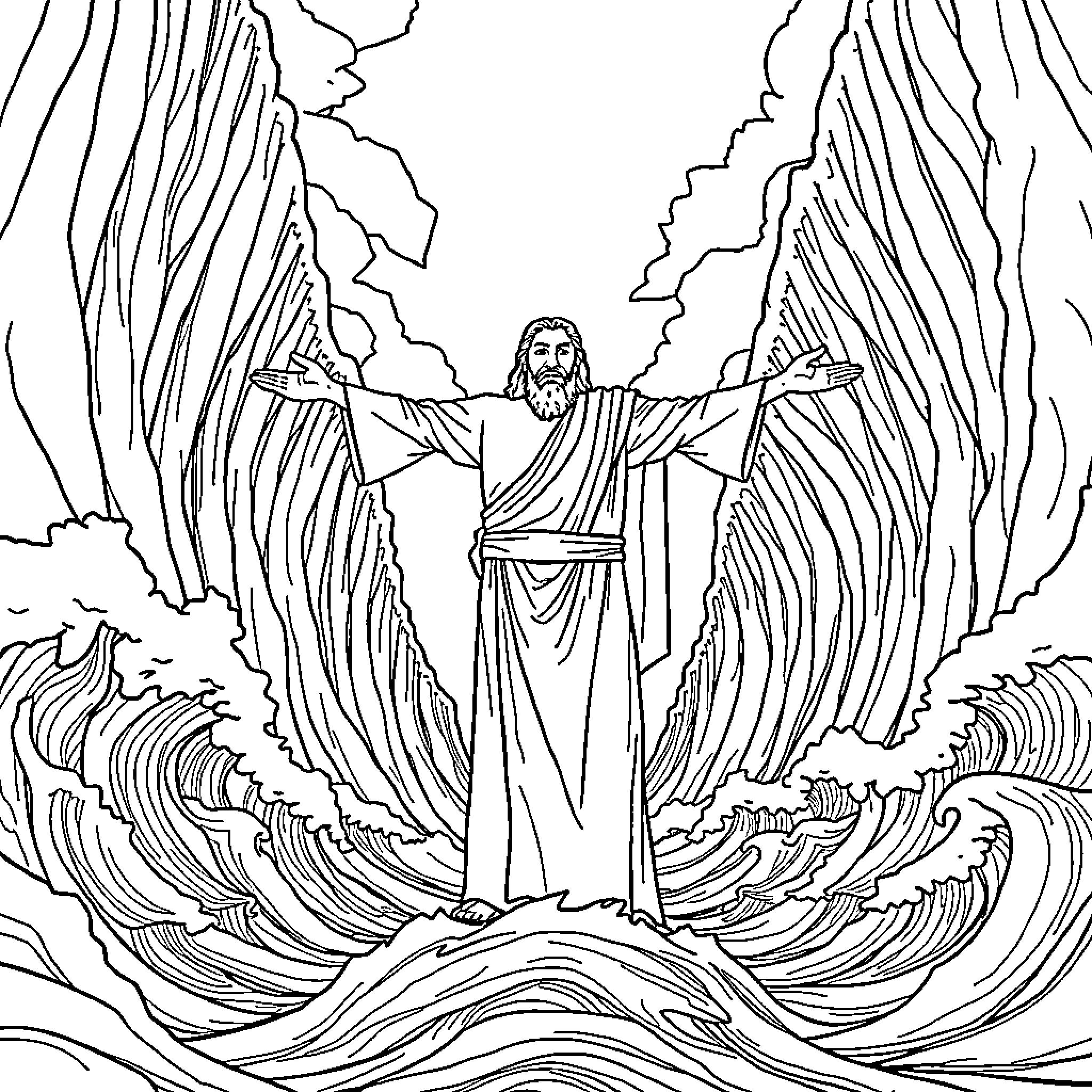 Moses parting the Red Sea with outstretched arms Coloring Page (free black-and-white line drawing printable PDF for all, from beginners to advanced learners, including children, teens, adults, and seniors)