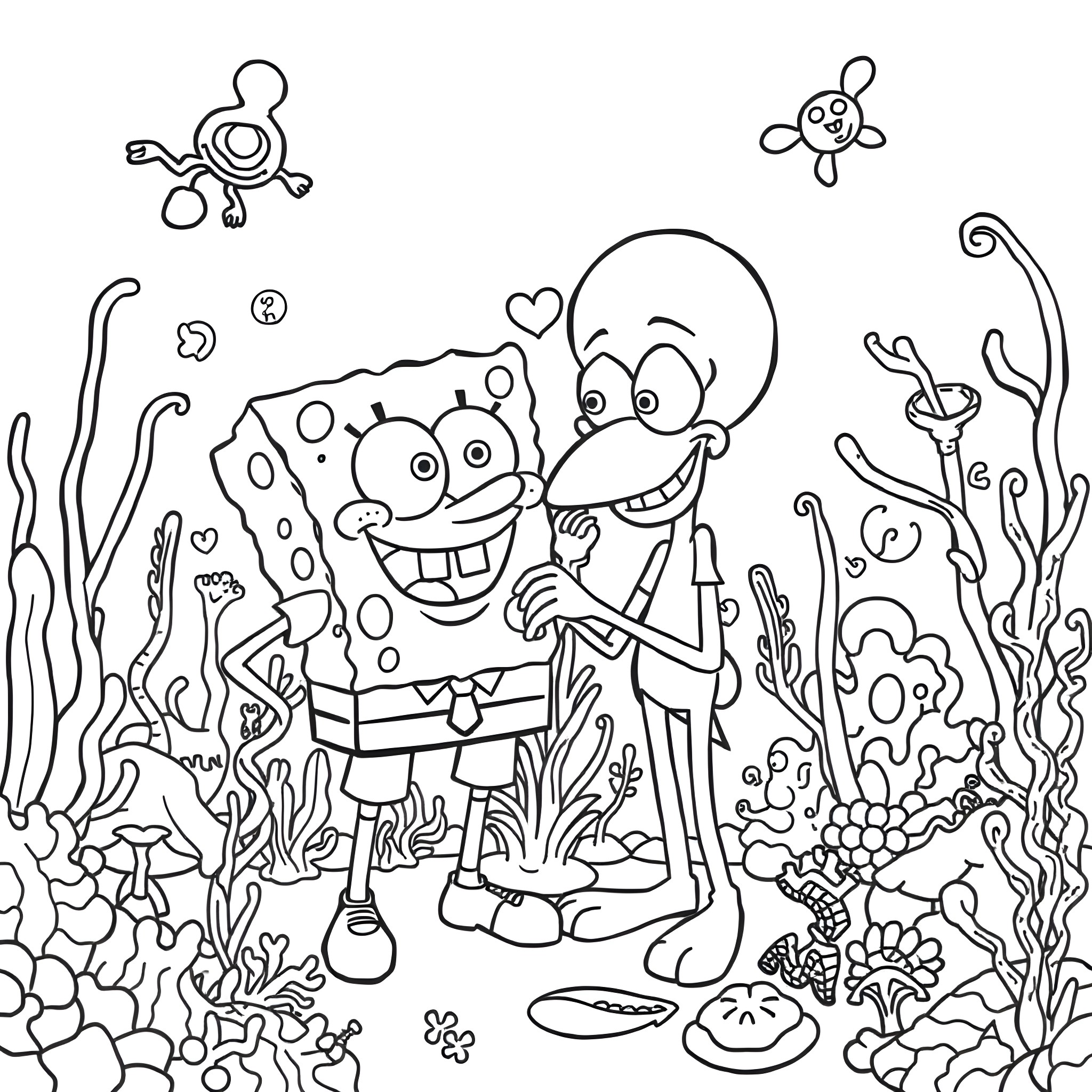 Spongebob and Patrick in an underwater adventure Coloring Page (free black-and-white line drawing printable PDF for all, from beginners to advanced learners, including children, teens, adults, and seniors)