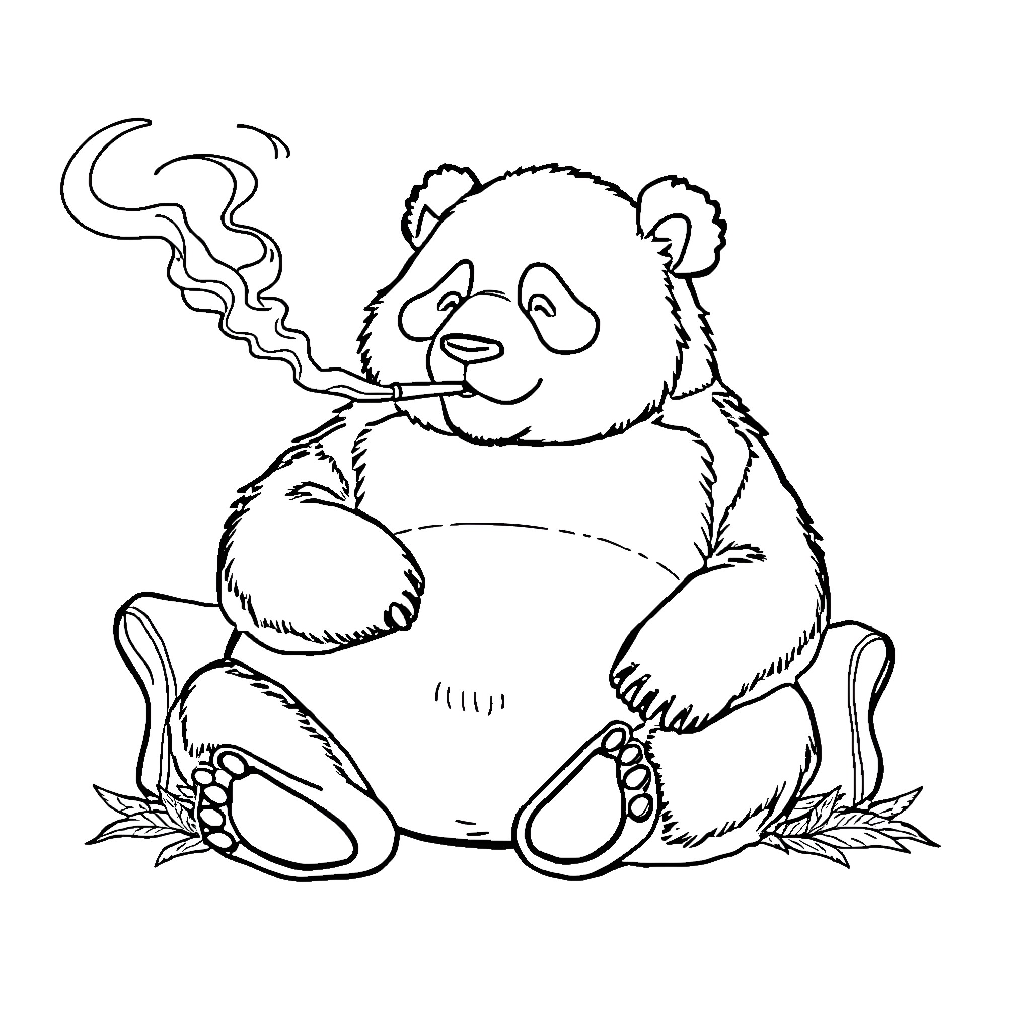 Panda relaxing and enjoying a smoke Coloring Page (free black-and-white line drawing printable PDF for all, from beginners to advanced learners, including children, teens, adults, and seniors)