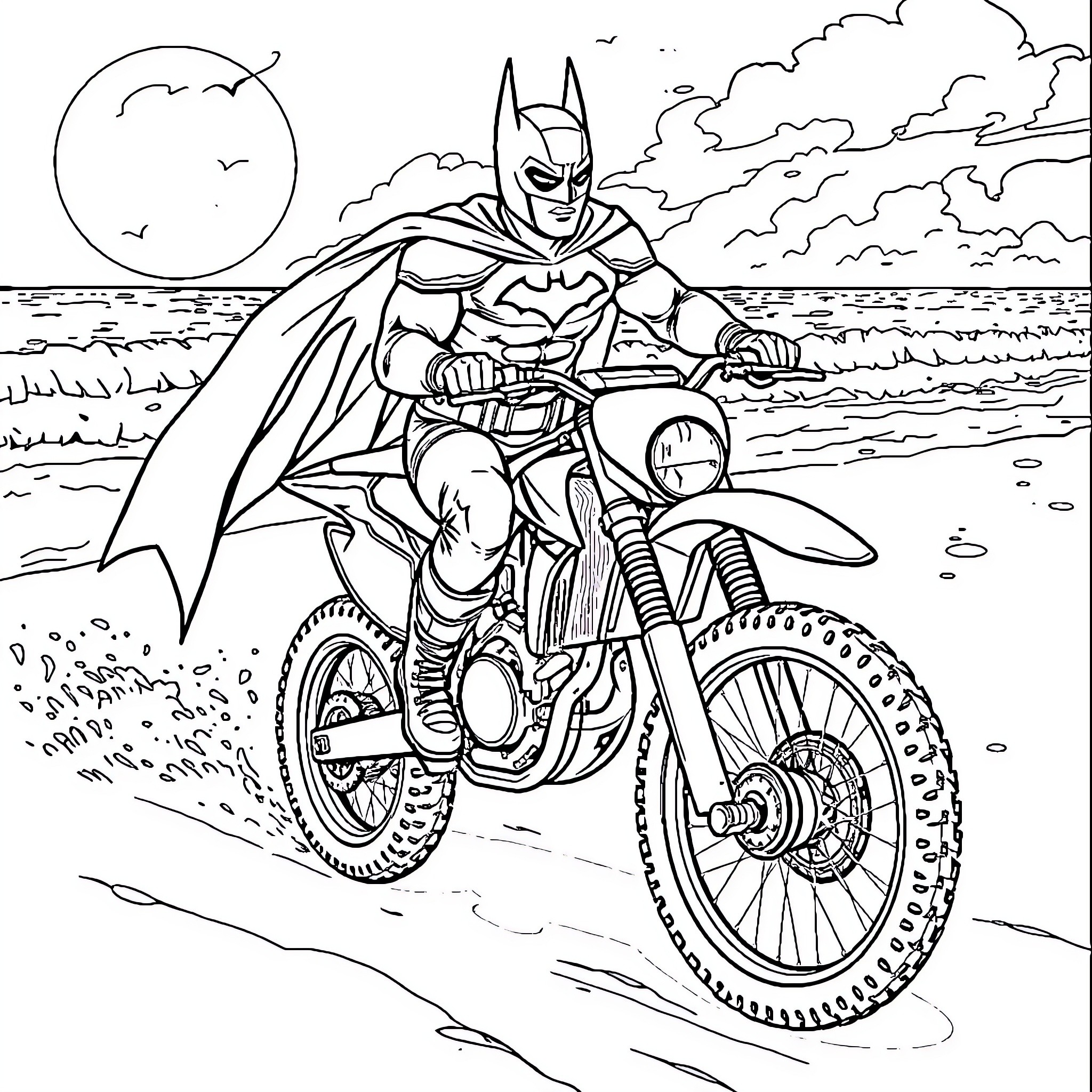 Batman riding a motorcycle through the desert Coloring Page (free black-and-white line drawing printable PDF for all, from beginners to advanced learners, including children, teens, adults, and seniors)