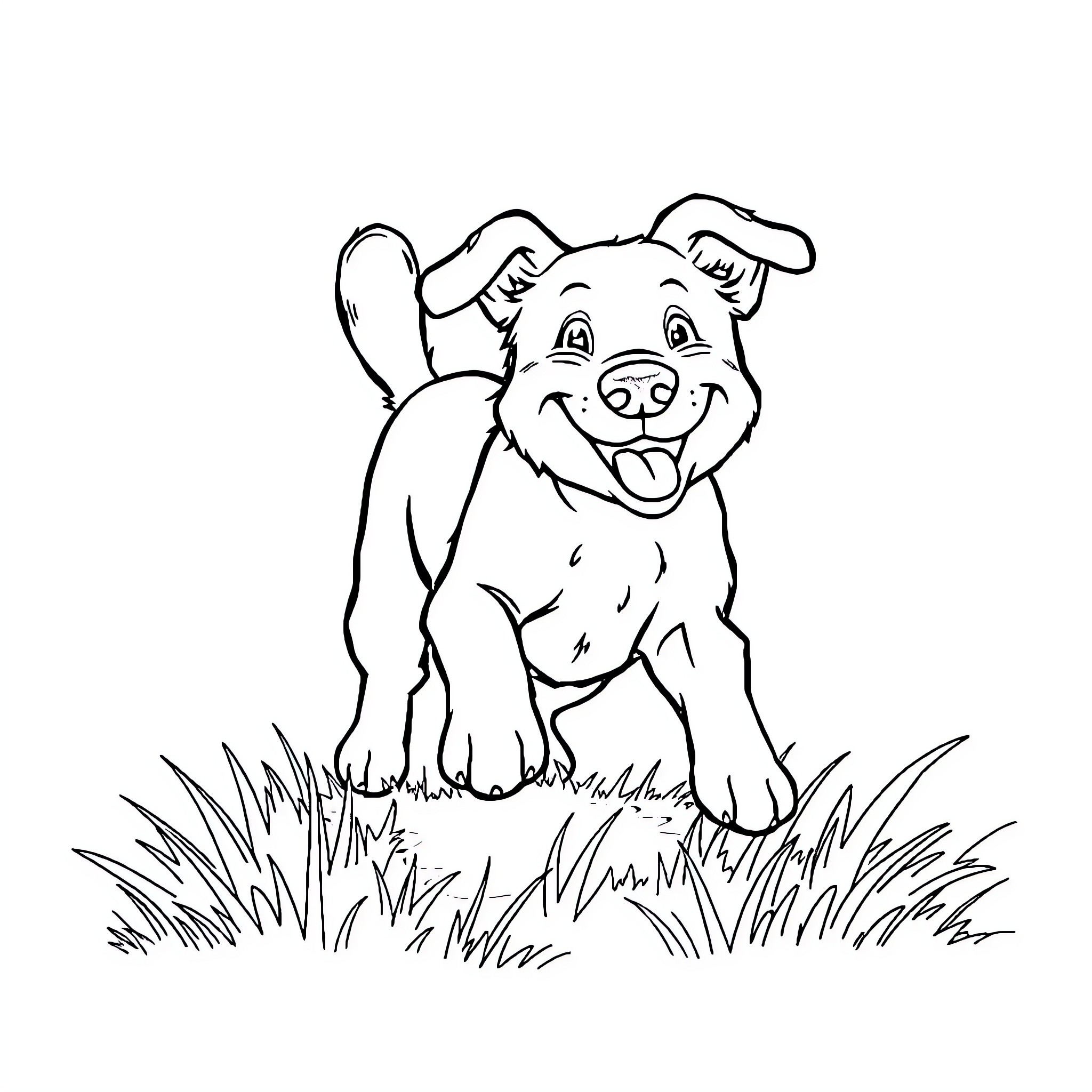 Dog happily playing in the grass Coloring Page (free black-and-white line drawing printable PDF for all, from beginners to advanced learners, including children, teens, adults, and seniors)