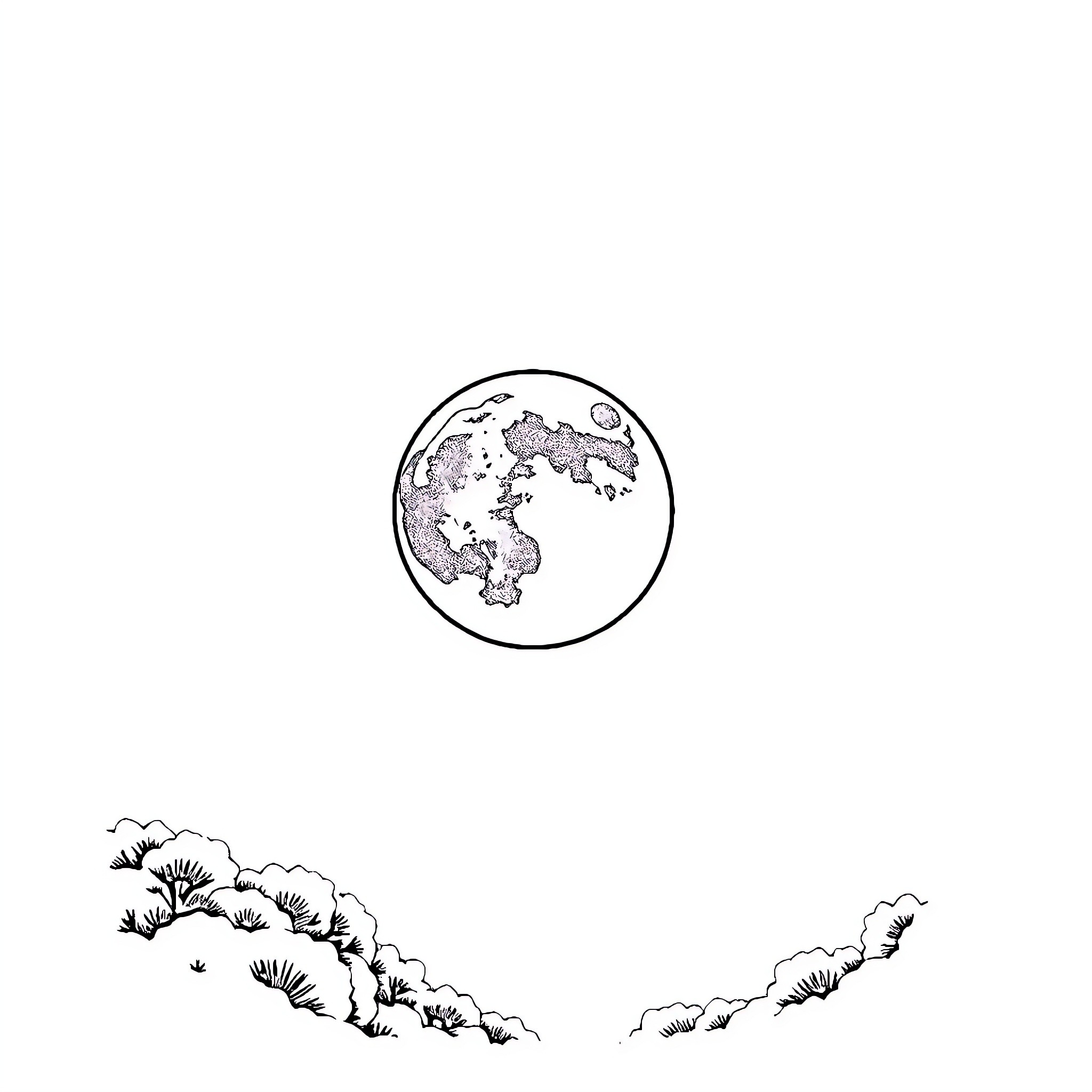 Moon over mountain silhouettes Coloring Page (free black-and-white line drawing printable PDF for all, from beginners to advanced learners, including children, teens, adults, and seniors)