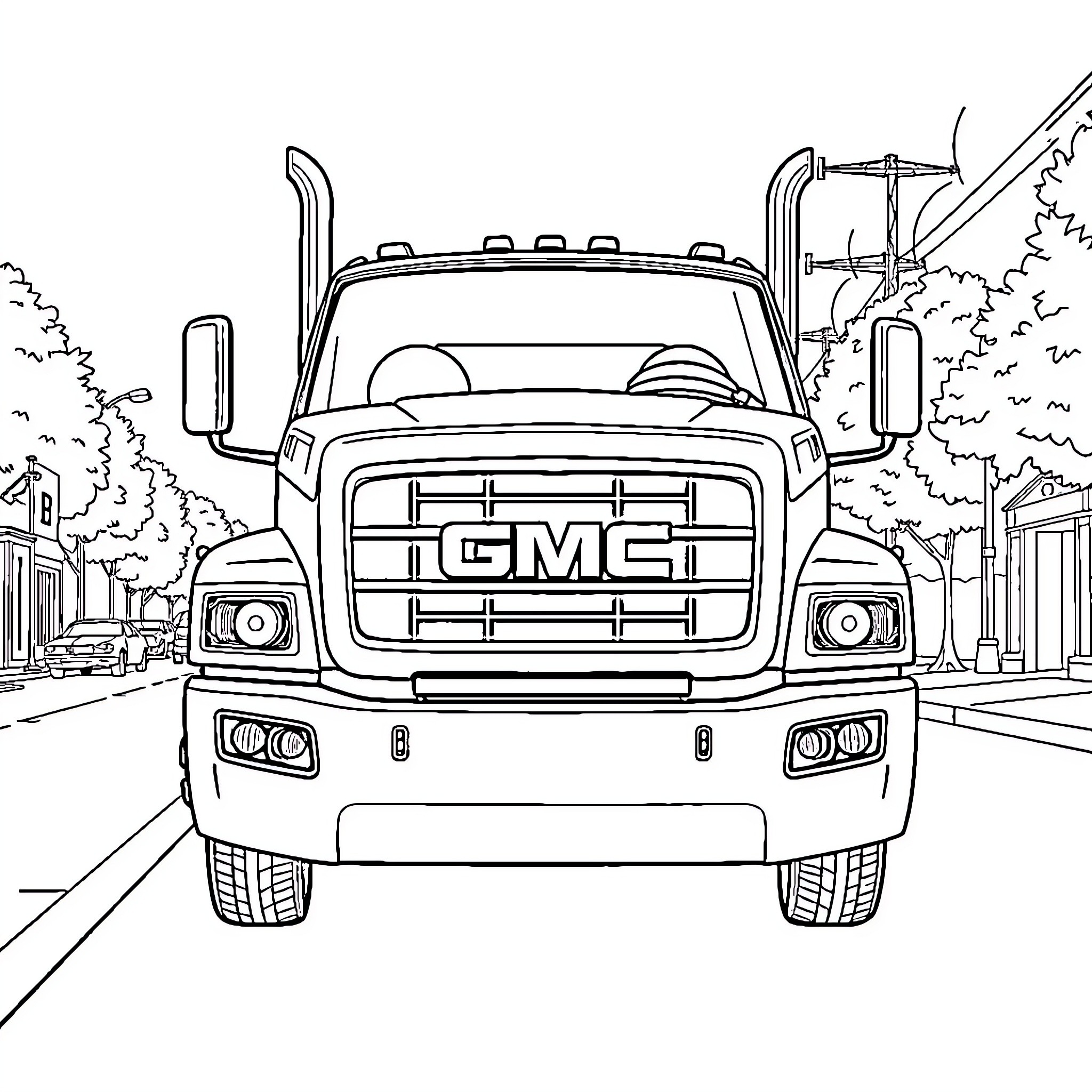 Truck parked on a city street Coloring Page (free black-and-white line drawing printable PDF for all, from beginners to advanced learners, including children, teens, adults, and seniors)