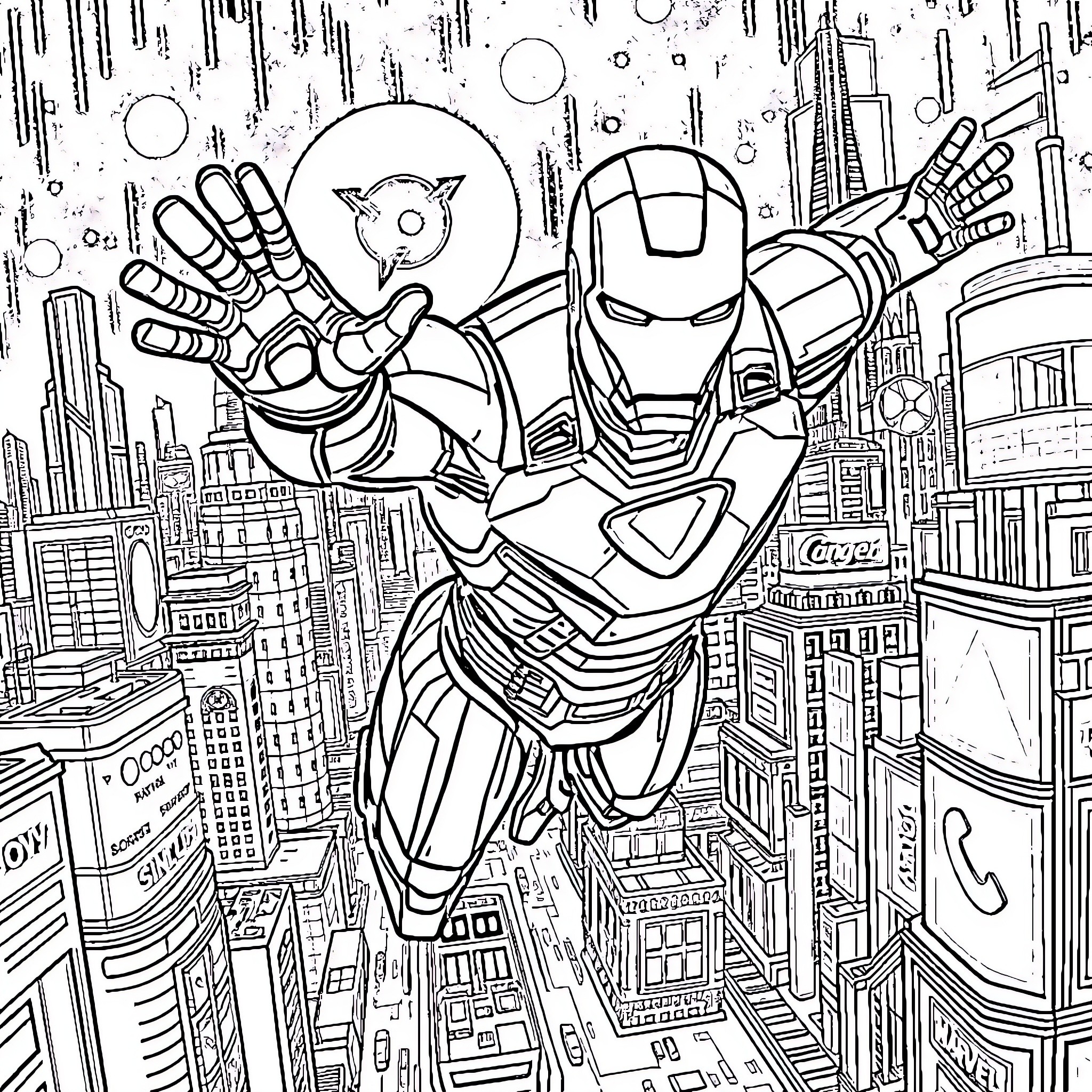 Iron Man soaring over the city skyline Coloring Page (free black-and-white line drawing printable PDF for all, from beginners to advanced learners, including children, teens, adults, and seniors)