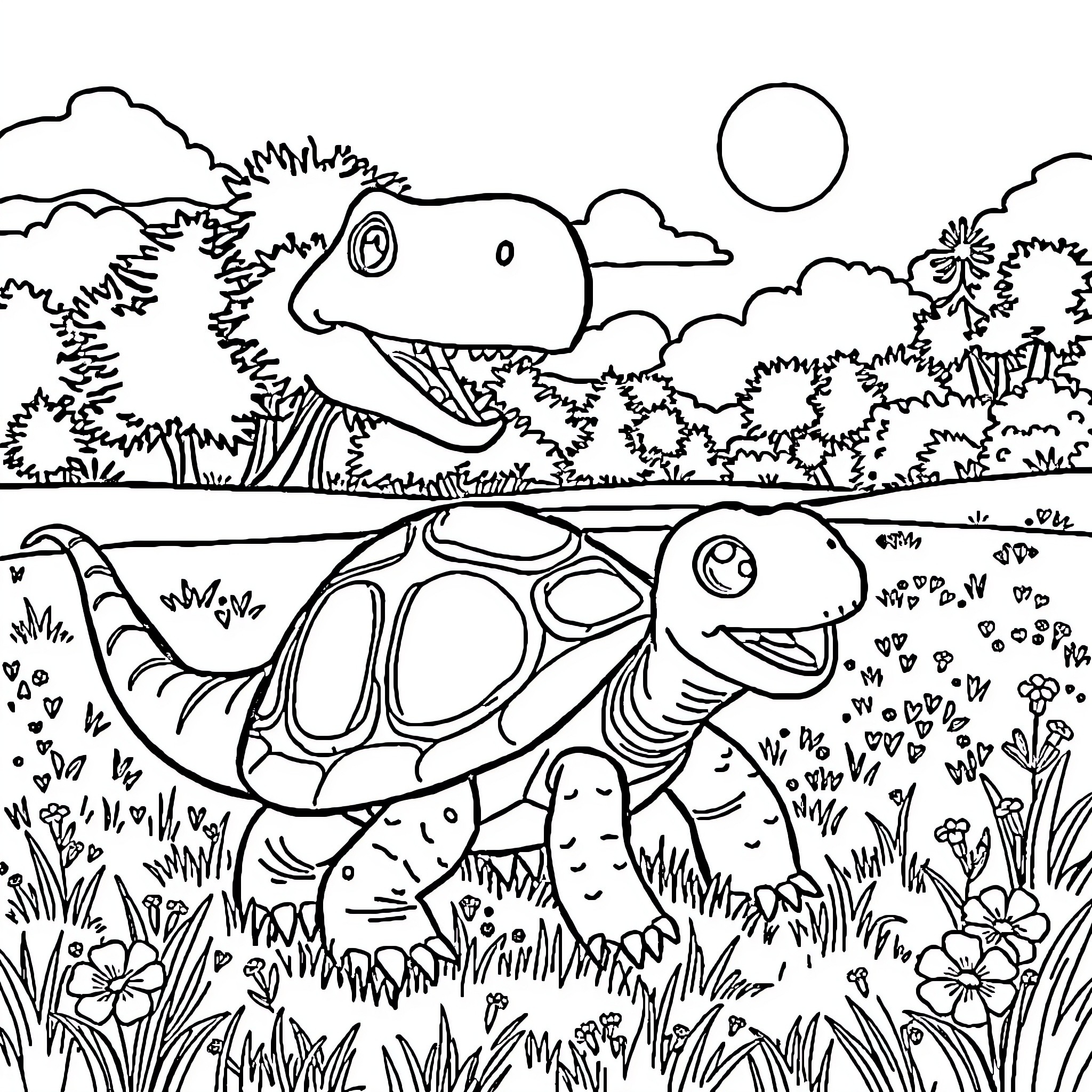 Turtle exploring a lush, whimsical landscape Coloring Page (free black-and-white line drawing printable PDF for all, from beginners to advanced learners, including children, teens, adults, and seniors)
