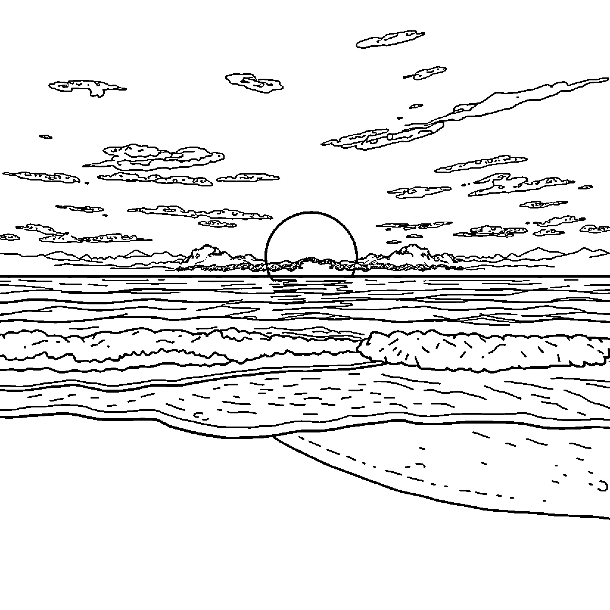 Sunset over the tranquil ocean horizon Coloring Page (free black-and-white line drawing printable PDF for all, from beginners to advanced learners, including children, teens, adults, and seniors)