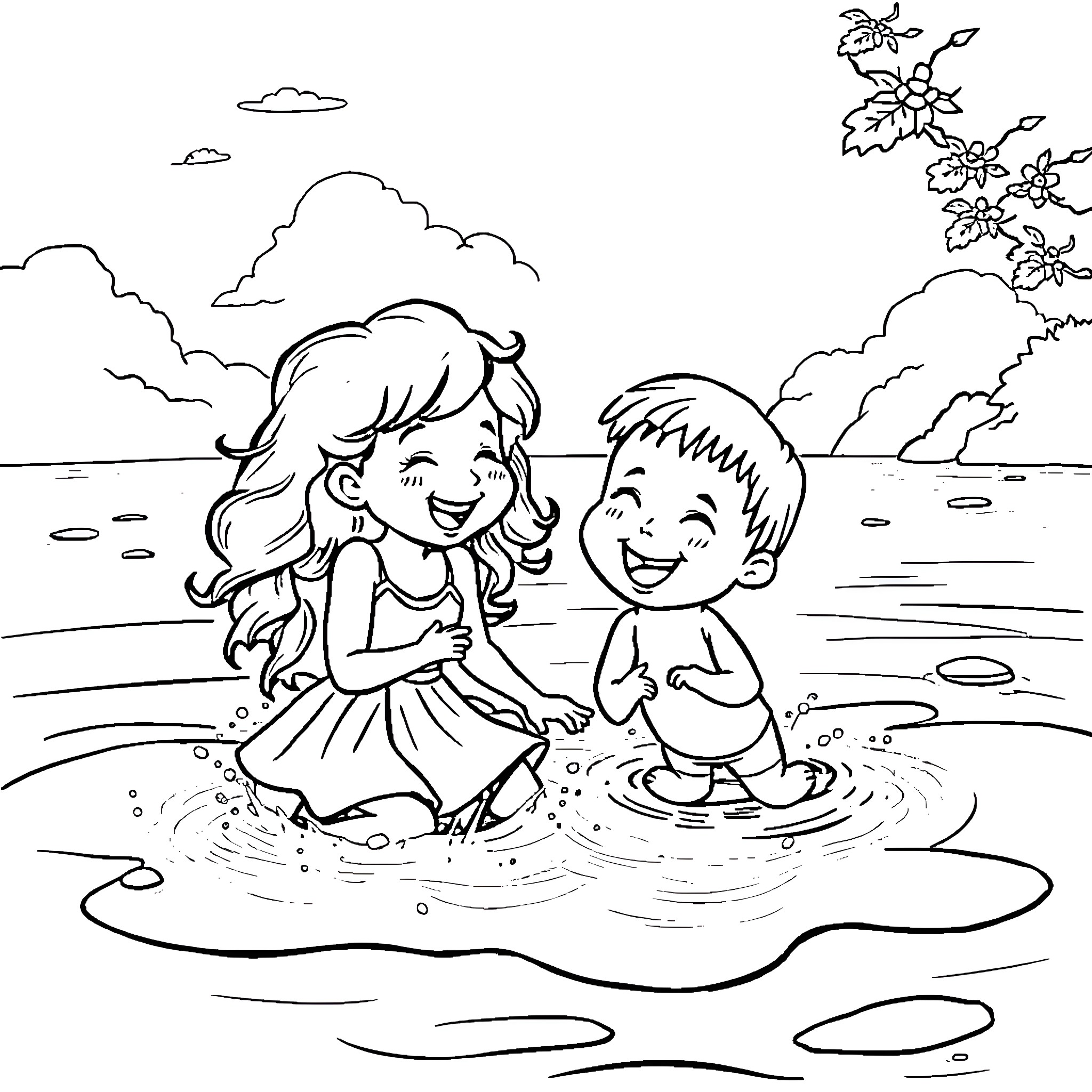 River Fun with Friends at the Beach Coloring Page (free black-and-white line drawing printable PDF for all, from beginners to advanced learners, including children, teens, adults, and seniors)