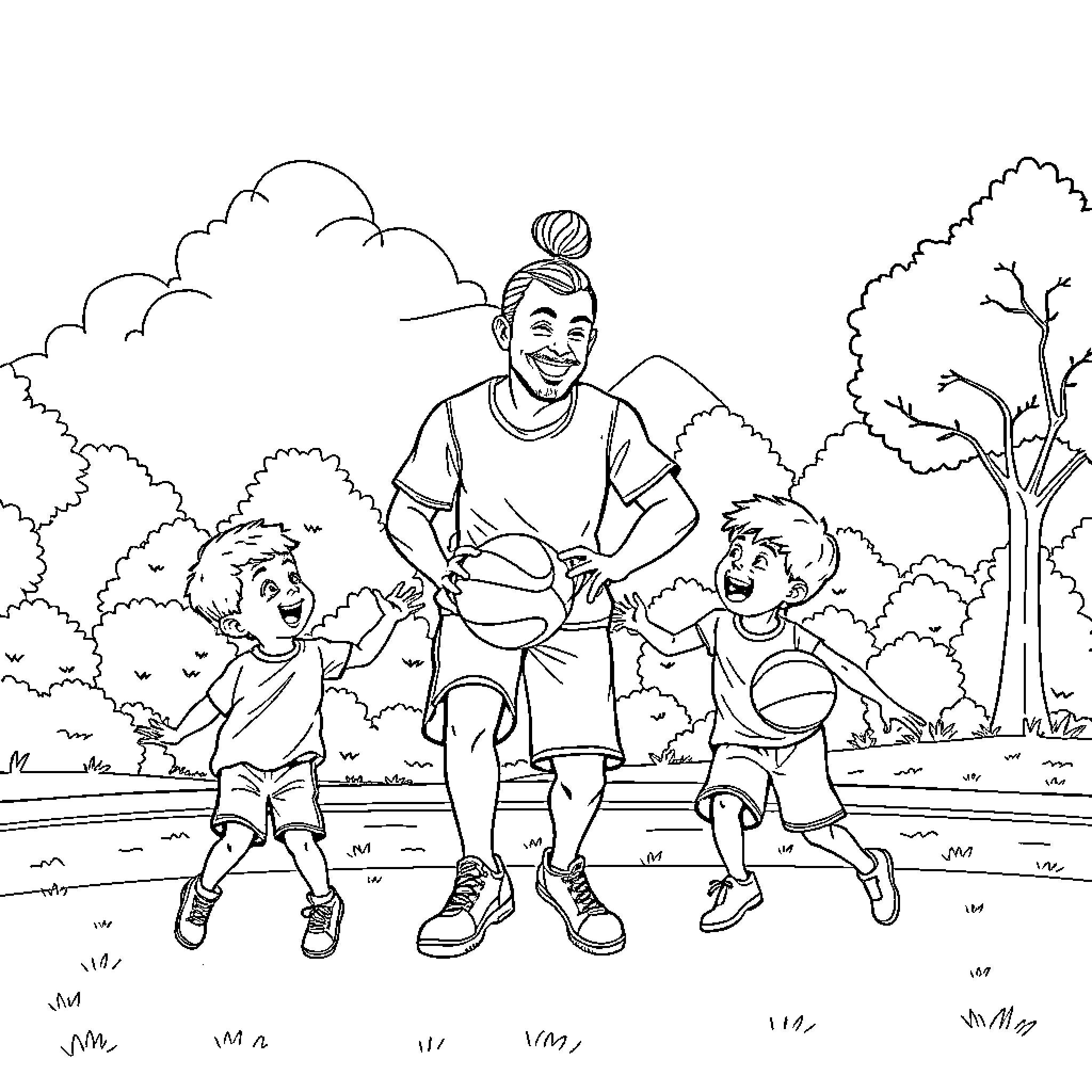 Father plays basketball with his children in the park Coloring Page (free black-and-white line drawing printable PDF for all, from beginners to advanced learners, including children, teens, adults, and seniors)