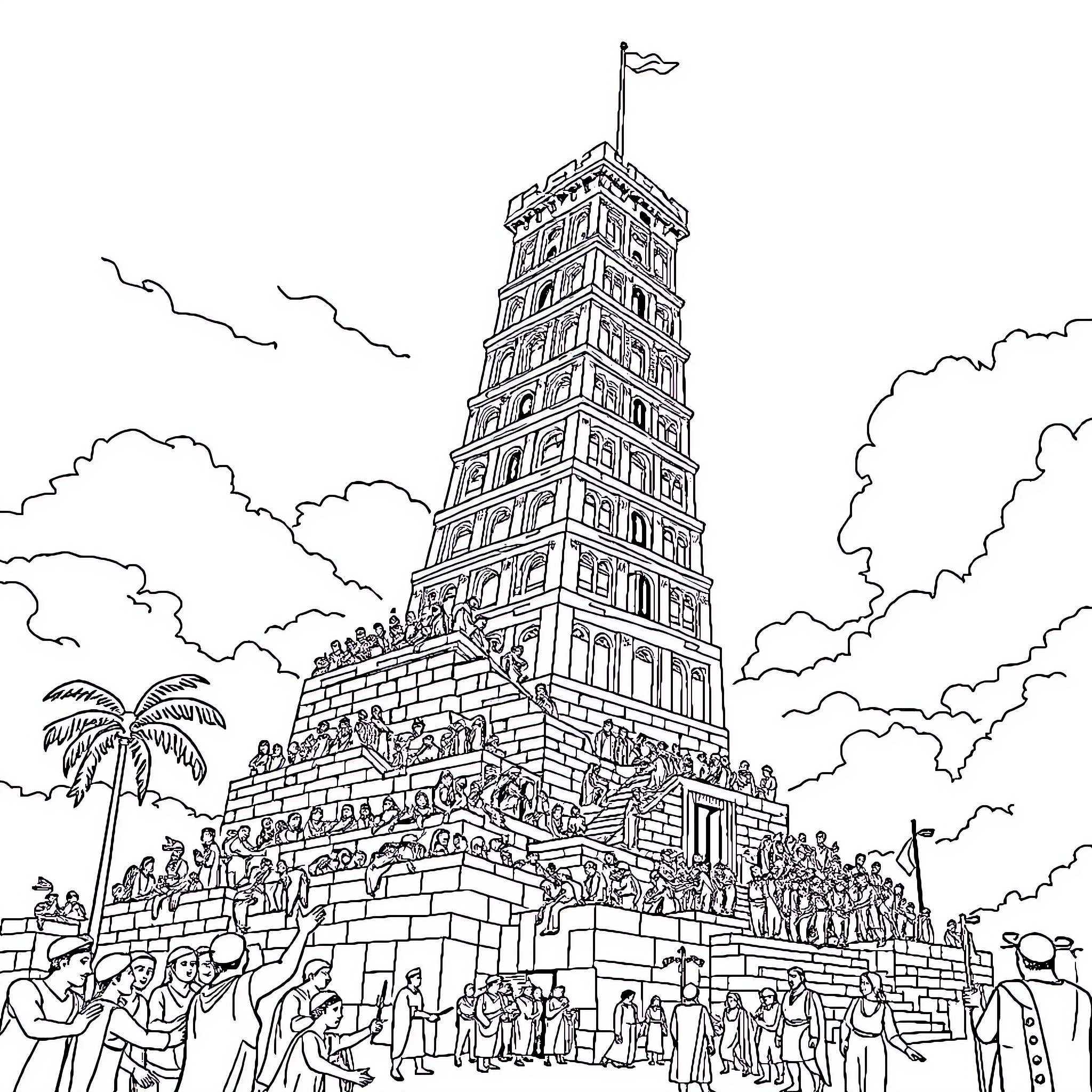 Tower of Babel with Diverse Crowd of People Coloring Page (free black-and-white line drawing printable PDF for all, from beginners to advanced learners, including children, teens, adults, and seniors)