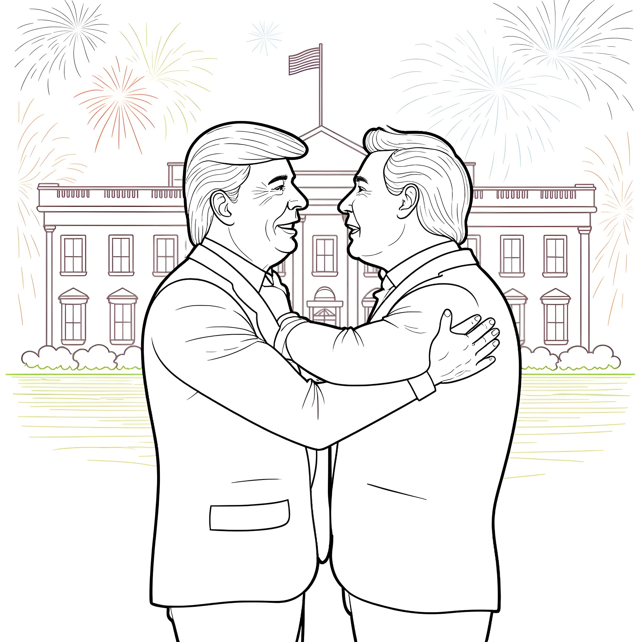 Donald Trump and President embracing in front of the White House Coloring Page (free black-and-white line drawing printable PDF for all, from beginners to advanced learners, including children, teens, adults, and seniors)