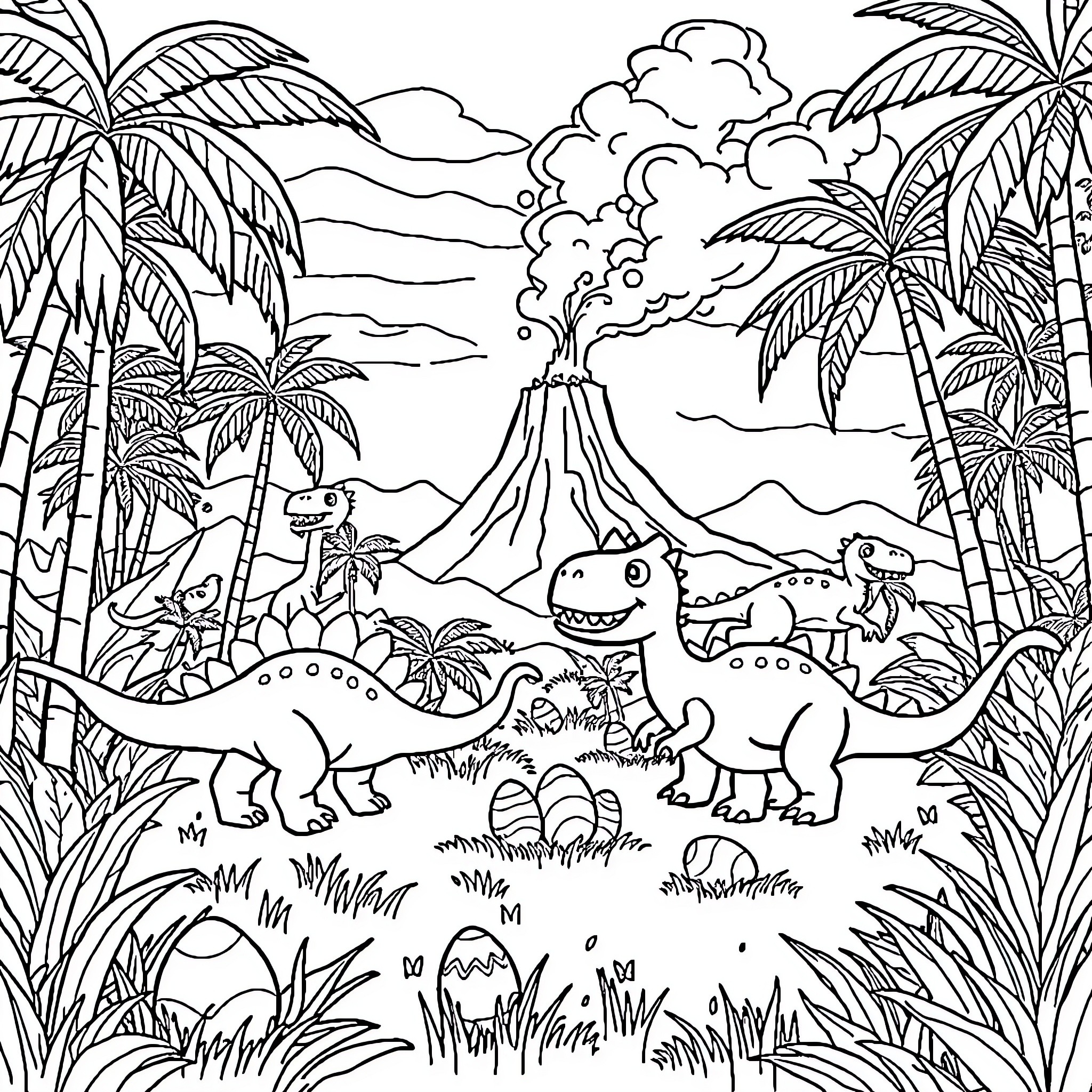 Dinosaurs in the Prehistoric Landscape Coloring Page (free black-and-white line drawing printable PDF for all, from beginners to advanced learners, including children, teens, adults, and seniors)