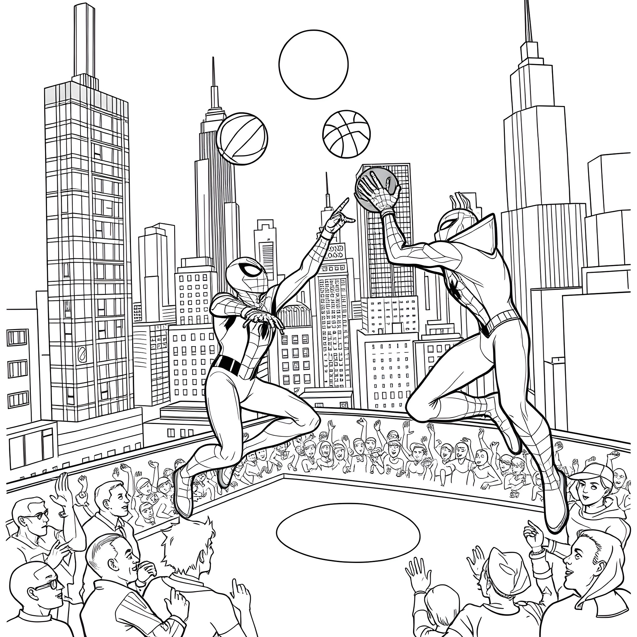 Spider-Heroes Swinging through Cityscape Coloring Page (free black-and-white line drawing printable PDF for all, from beginners to advanced learners, including children, teens, adults, and seniors)