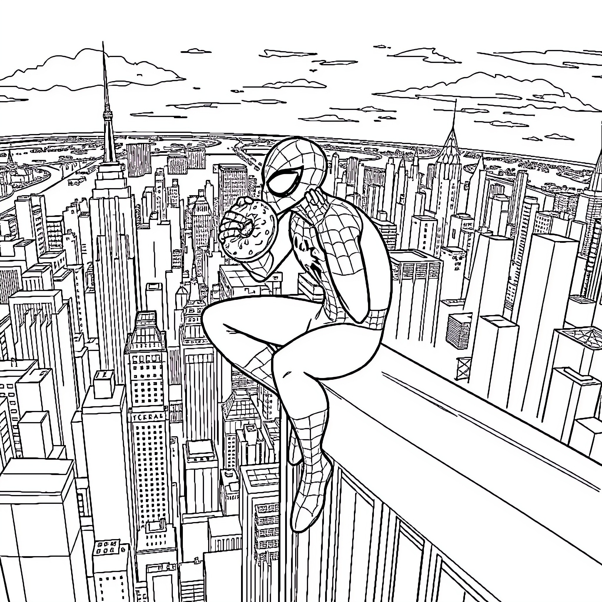 Spiderman overlooking the city skyline Coloring Page (free black-and-white line drawing printable PDF for all, from beginners to advanced learners, including children, teens, adults, and seniors)
