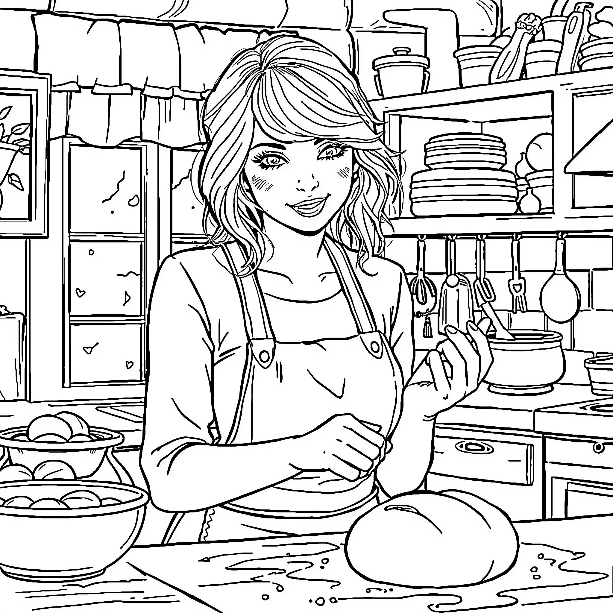 Taylor Swift cooking in the kitchen Coloring Page (free black-and-white line drawing printable PDF for all, from beginners to advanced learners, including children, teens, adults, and seniors)