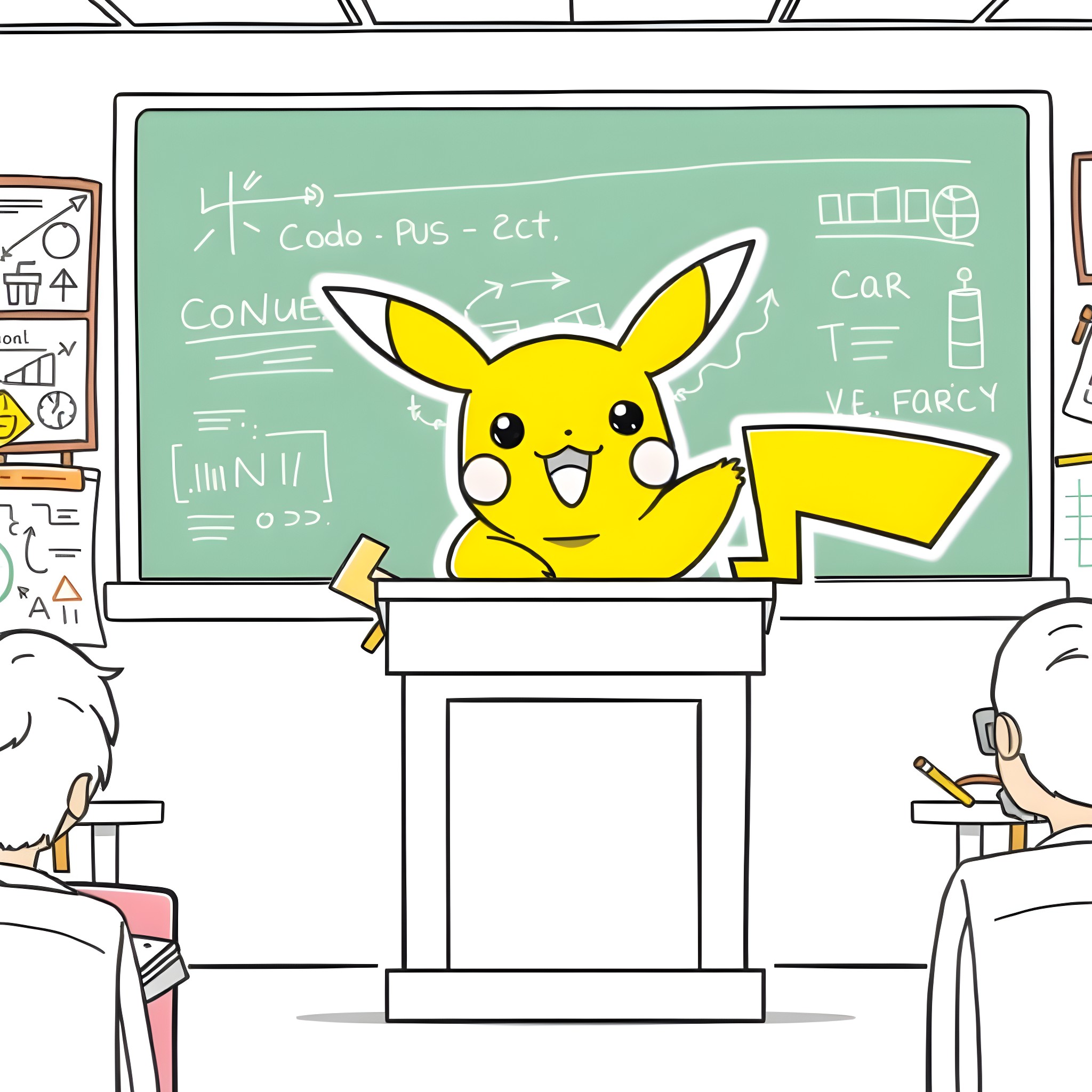 Pikachu teaching Pokemon concepts in the classroom Coloring Page (free black-and-white line drawing printable PDF for all, from beginners to advanced learners, including children, teens, adults, and seniors)