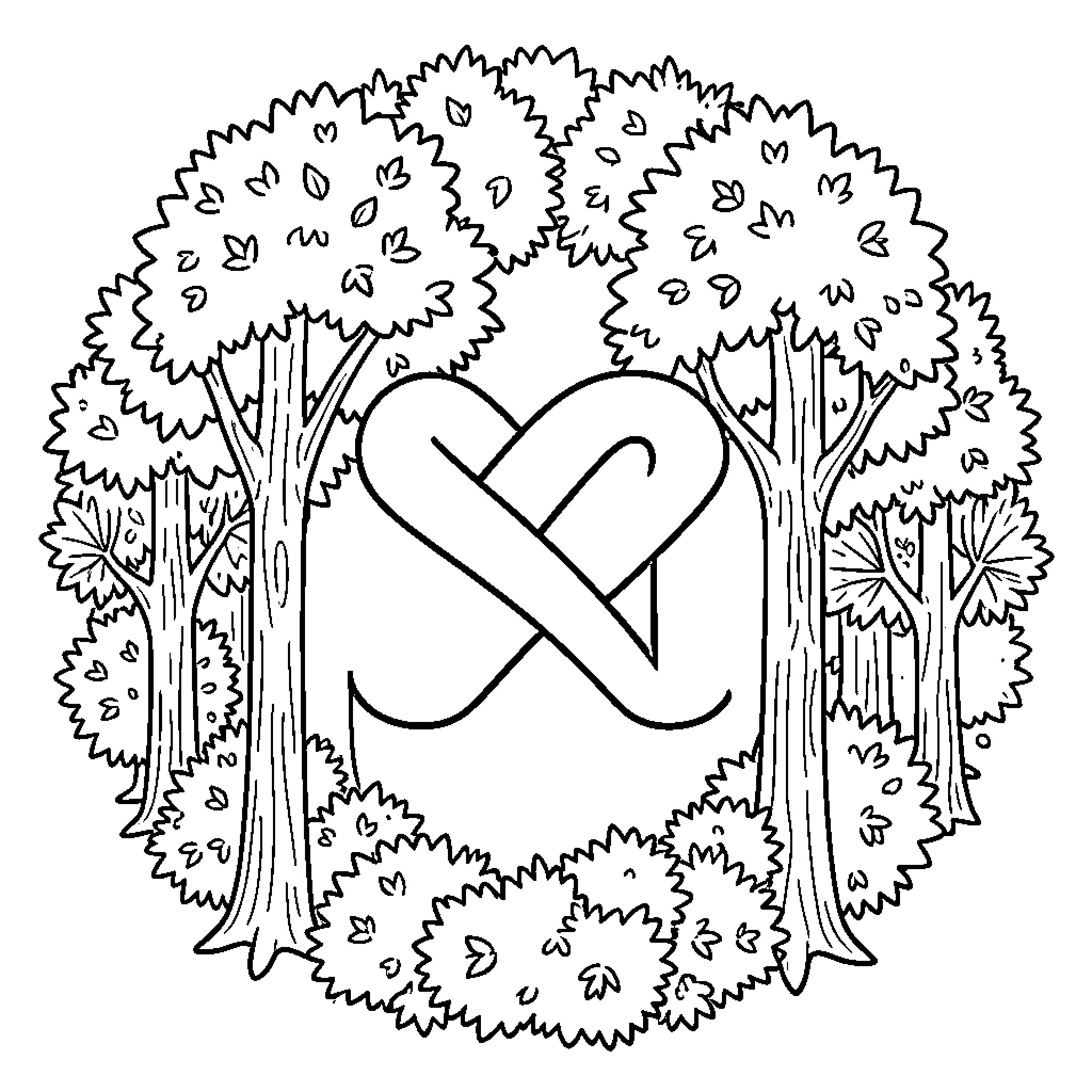 Logo of a heart symbol surrounded by trees Coloring Page (free black-and-white line drawing printable PDF for all, from beginners to advanced learners, including children, teens, adults, and seniors)