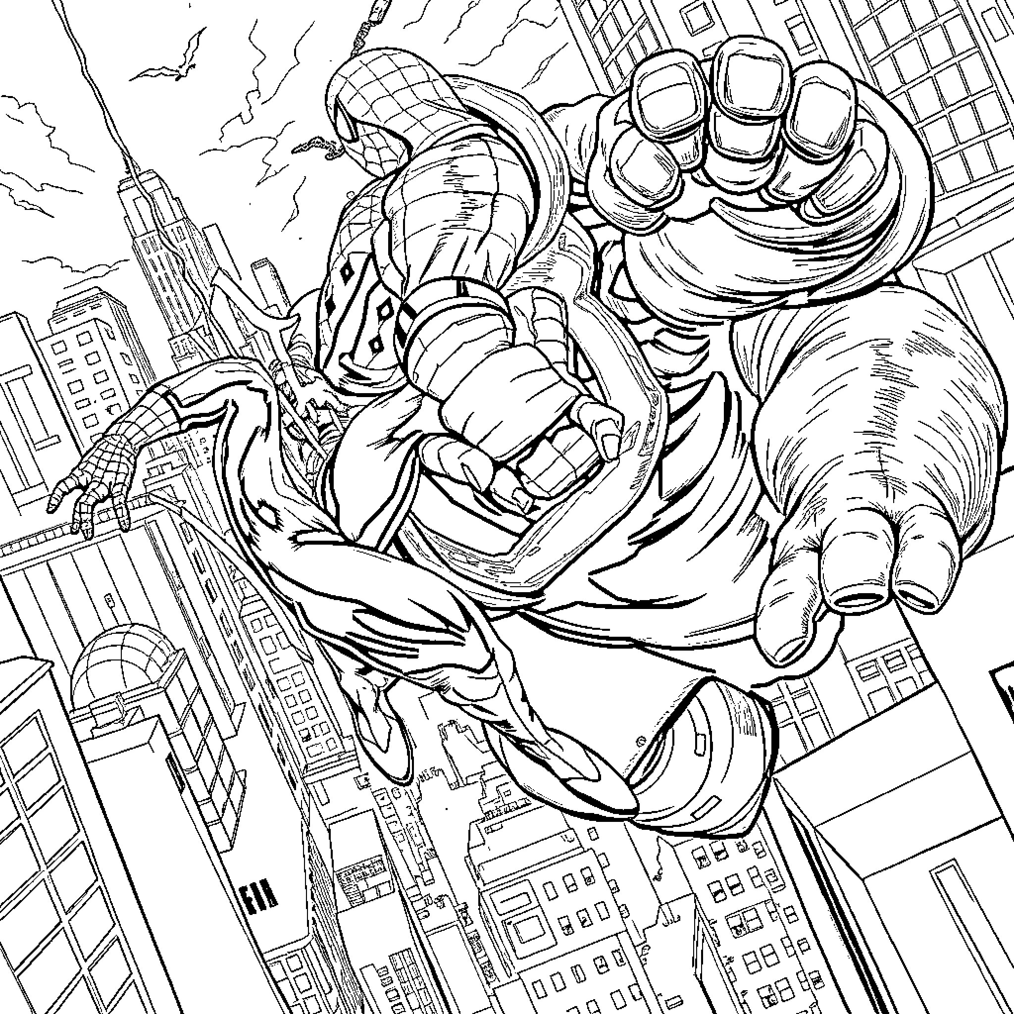 Spider-Man swinging through the city with mighty force Coloring Page (free black-and-white line drawing printable PDF for all, from beginners to advanced learners, including children, teens, adults, and seniors)